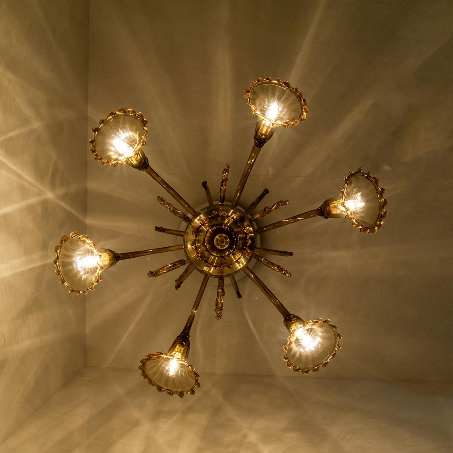 Beautiful Murano Amber Glass 6 arms Chandelier, 1970s For Sale 7