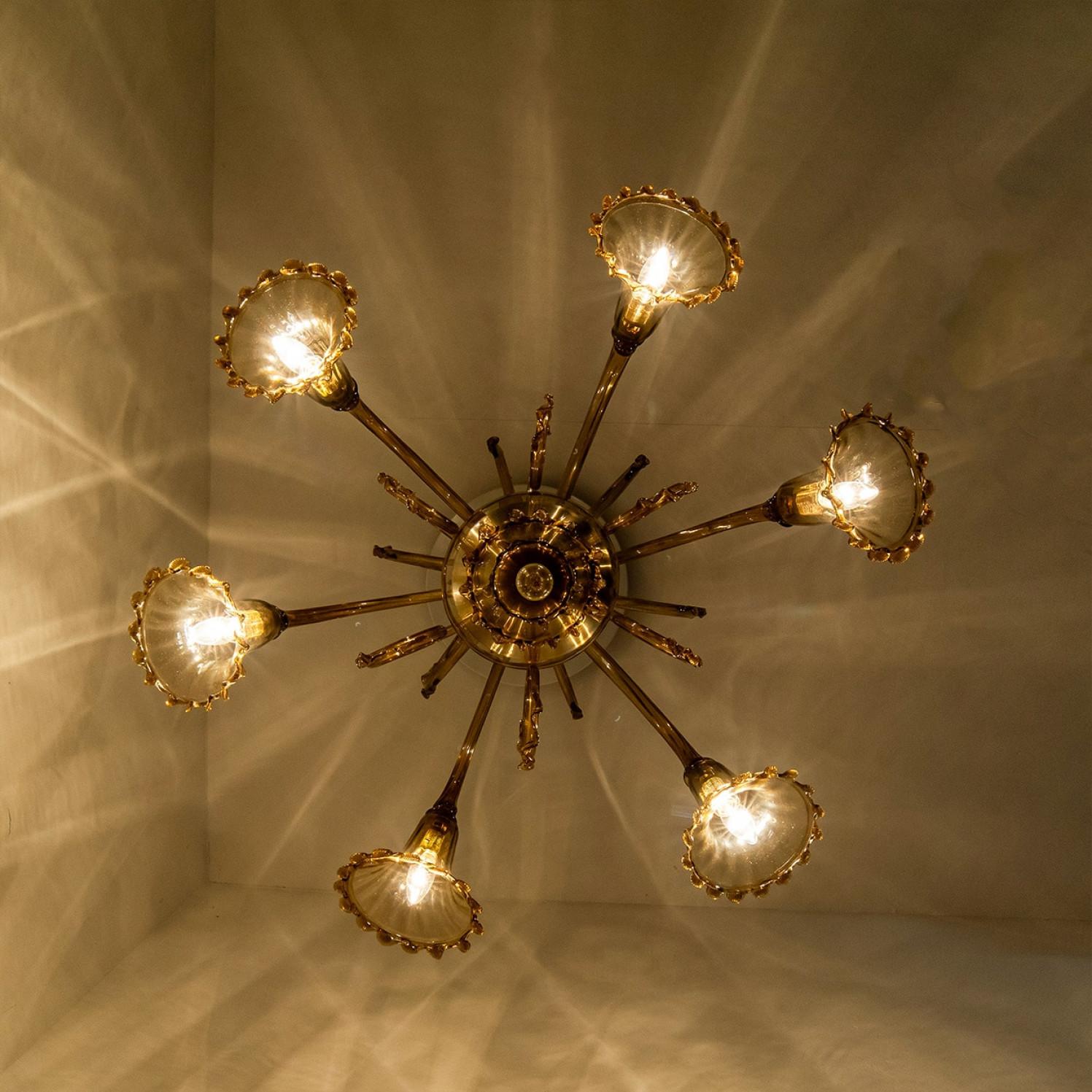 Beautiful Murano Amber Glass 6 arms Chandelier, 1970s in vendita 7
