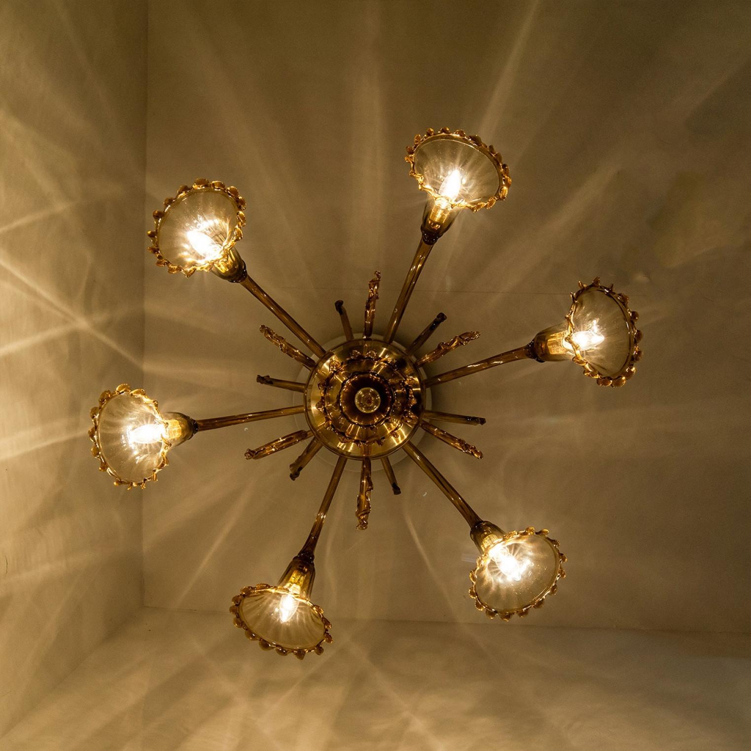 Beautiful Murano Amber Glass 6 arms Chandelier, 1970s in vendita 7