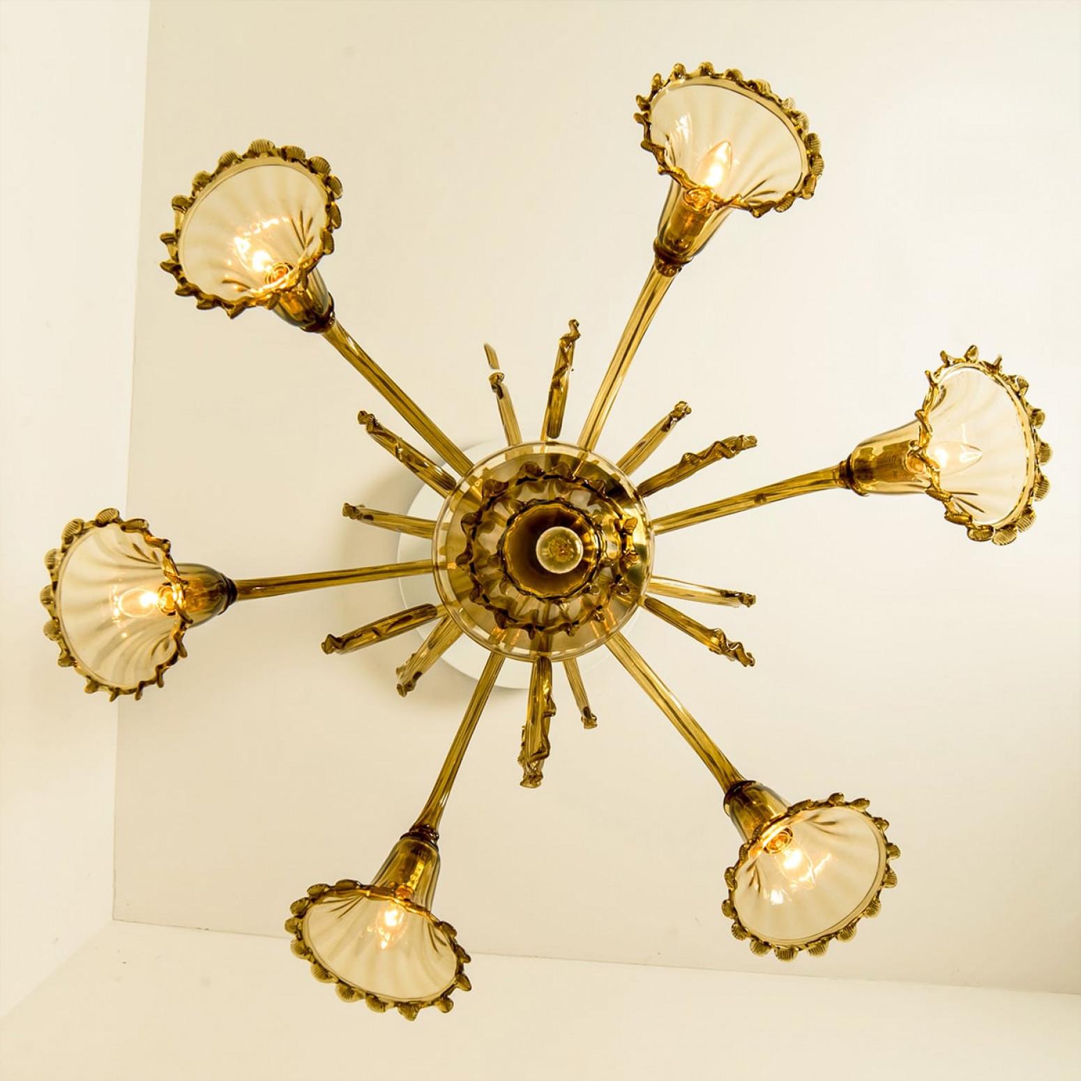 Beautiful Murano Amber Glass 6 arms Chandelier, 1970s In Good Condition For Sale In Rijssen, NL