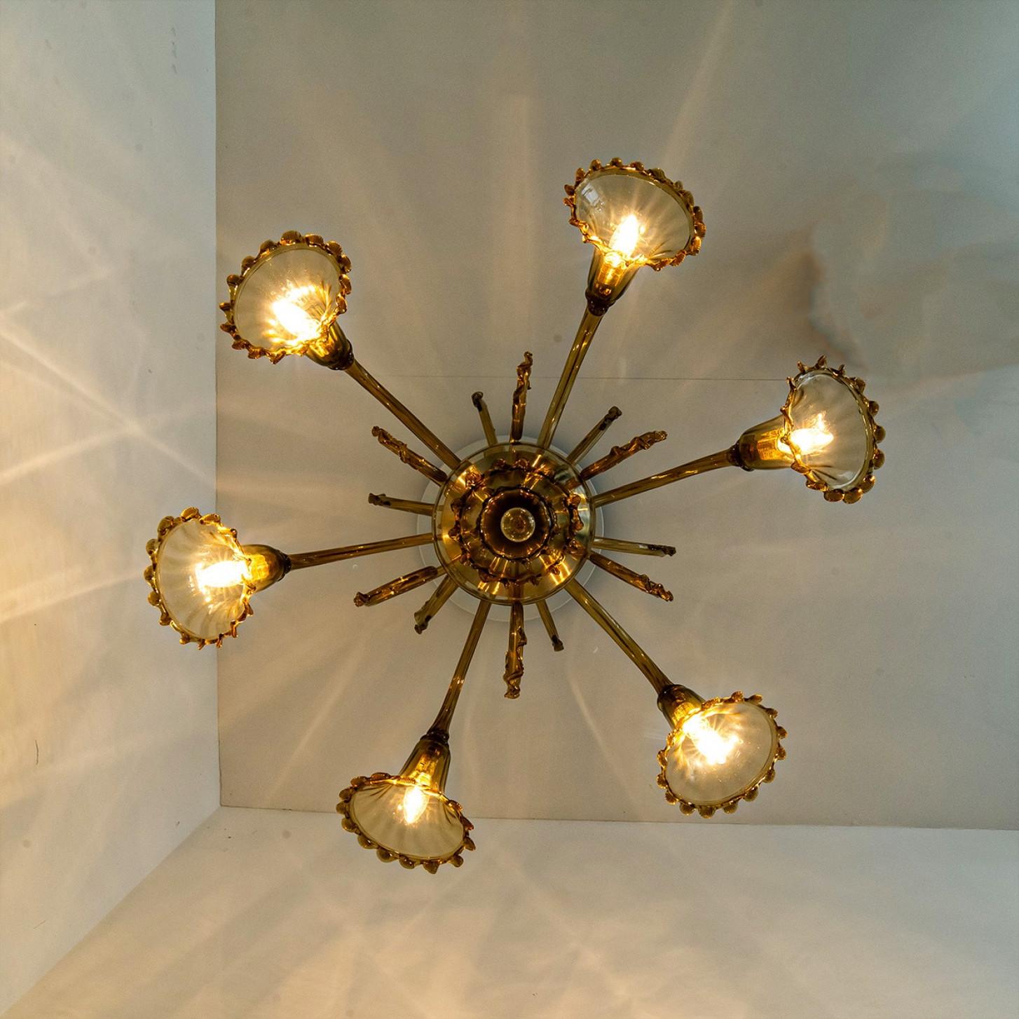Metà XX secolo Beautiful Murano Amber Glass 6 arms Chandelier, 1970s in vendita