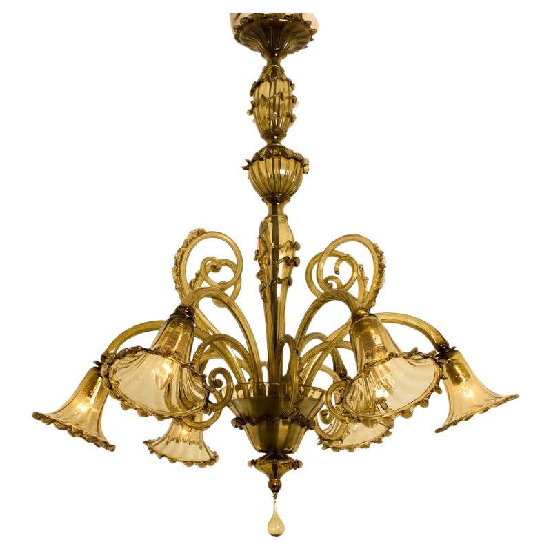 Magnifique lustre à 6 bras en verre ambré de Murano, années 1970