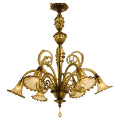 Beautiful Murano Amber Glass 6 arms Chandelier, 1970s