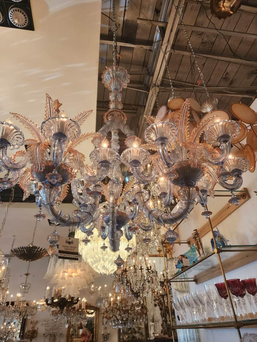 Beautiful Murano Blue & Pink Chandelier  In Excellent Condition For Sale In Dallas, TX