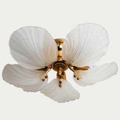 Beautiful Murano Glass and Brass five Leaves Chandelier, 1970s