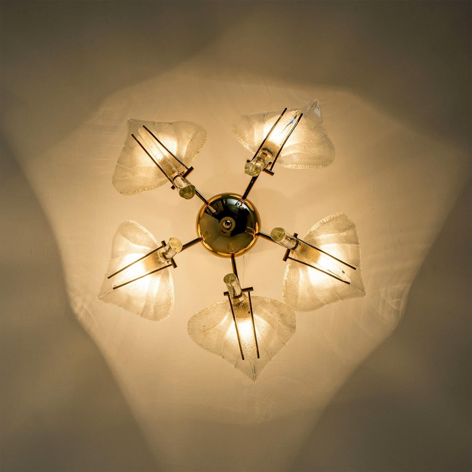 Bellissimo lampadario in vetro di Murano e foglie d'ottone, anni '60 in vendita 5
