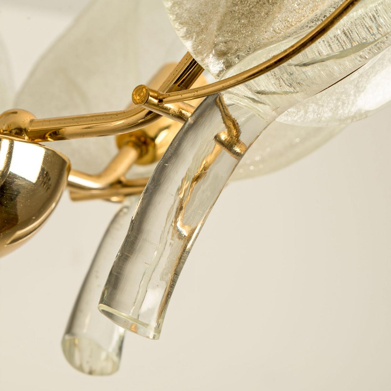 Metà XX secolo Beautiful Murano Glass and Brass Leaves Chandelier, 1960s in vendita