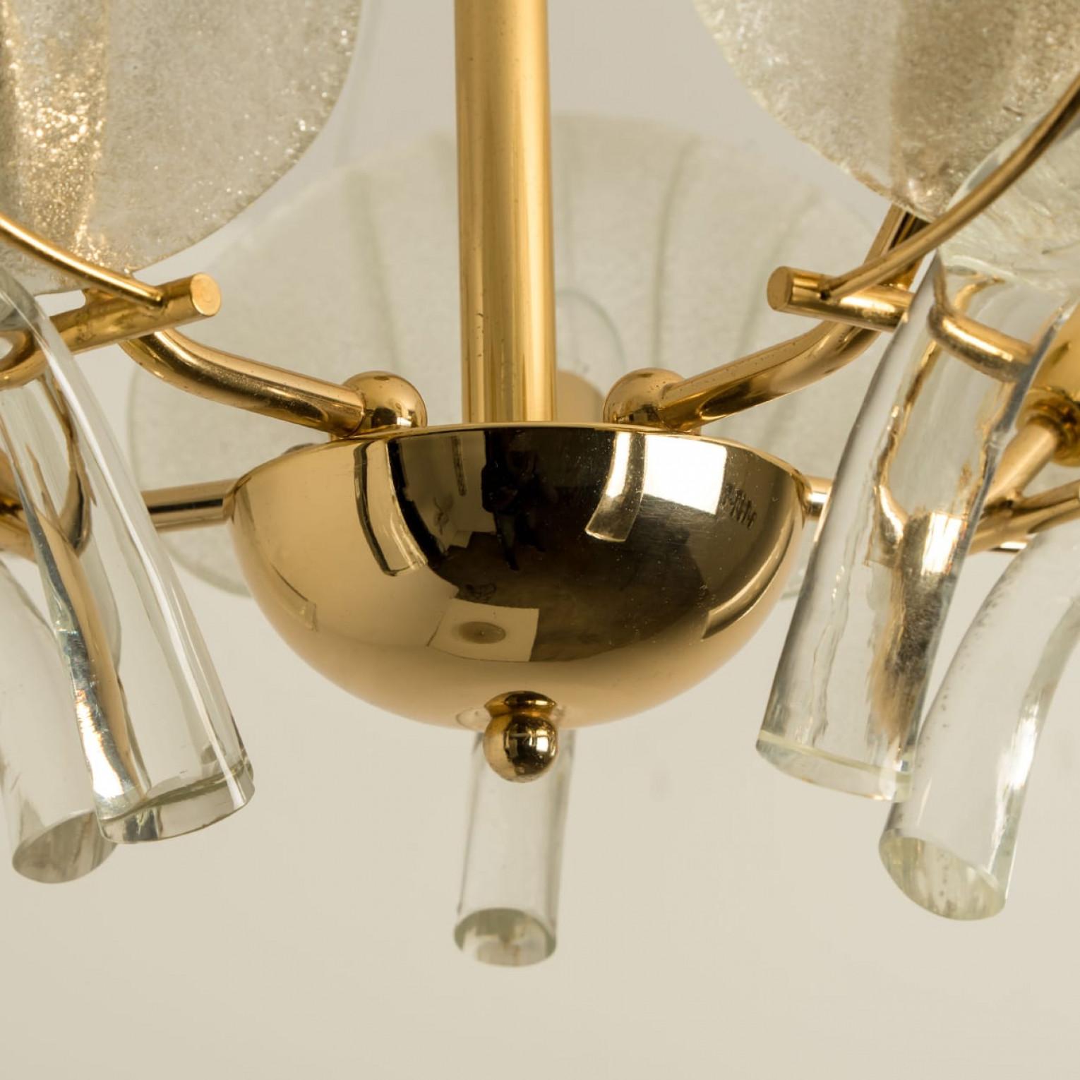 Ottone Beautiful Murano Glass and Brass Leaves Chandelier, 1960s in vendita