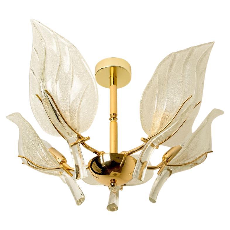 Beautiful Murano Glass and Brass Leaves Chandelier, 1960s in vendita