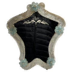 Beautiful Murano Glass Mirror Blue Flowers and Clear Glass, Italy 1950s