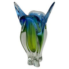 Beautiful Murano Glass Vase, Blue Green and Clear, Vintage Italy 1970s