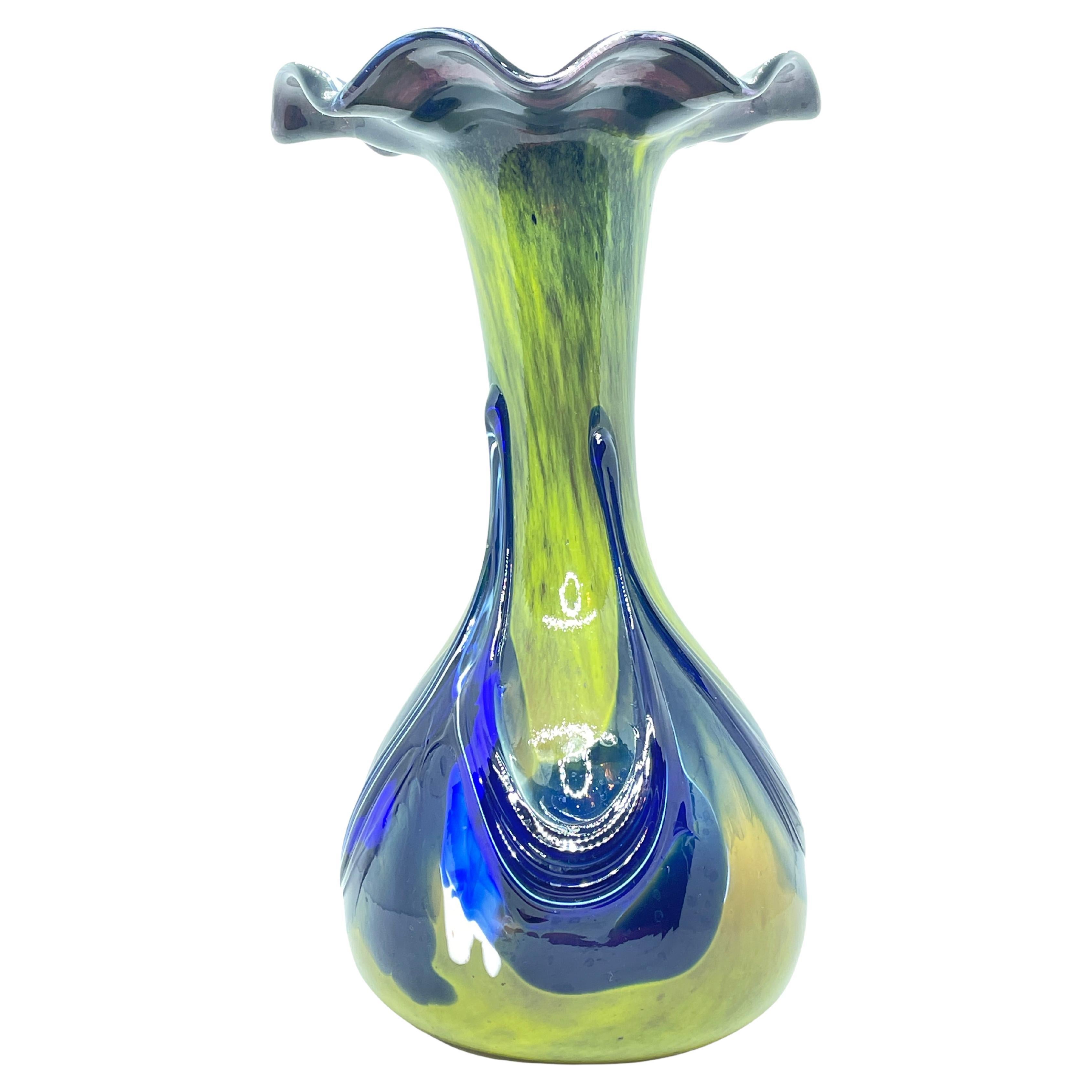 Beautiful Murano Glass Vase, Blue Green and White, Vintage Italy 1980s