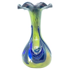 Magnifique vase en verre de Murano, bleu, vert et blanc, vintage Italie, années 1980