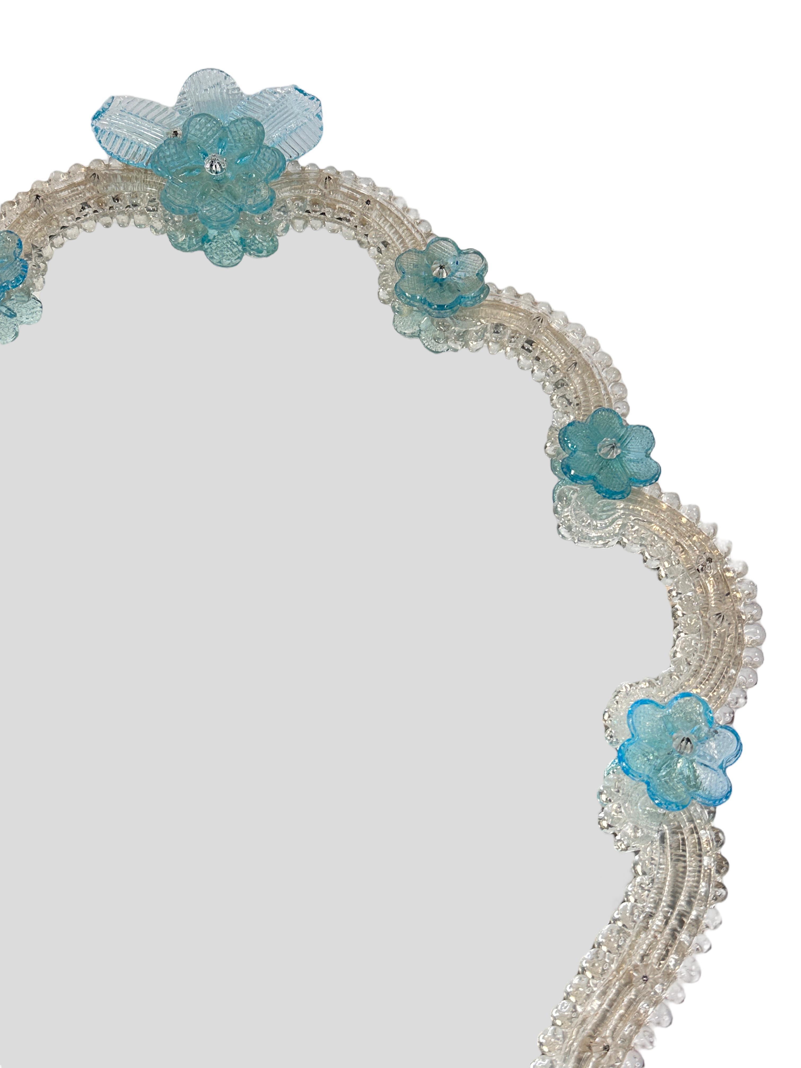 Hand-Crafted Beautiful Murano Glass Wall Mirror Blue Flowers and Clear Glass, Italy 1960s