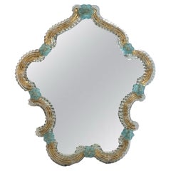 Magnifique miroir mural en verre de Murano, fleurs bleues et verre transparent, Italie, années 1960