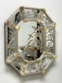 Beautiful Murano Glass Wall Mirror Clear and Gold Flakes Glass 1960s, Italy