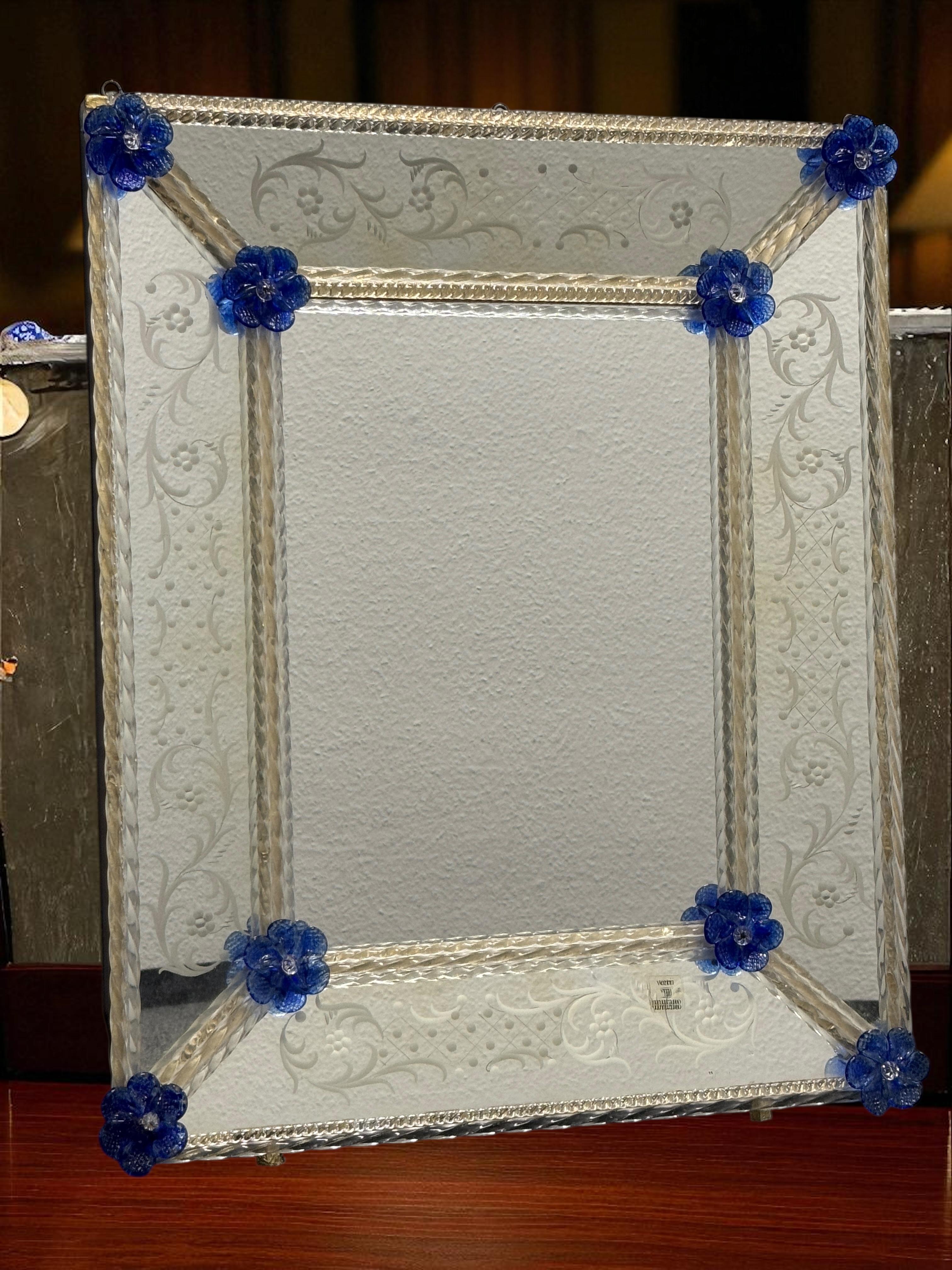 Beautiful Murano Glass Wall Mirror Clear Glass Azure Blue Flowers 1960s Italy For Sale 3