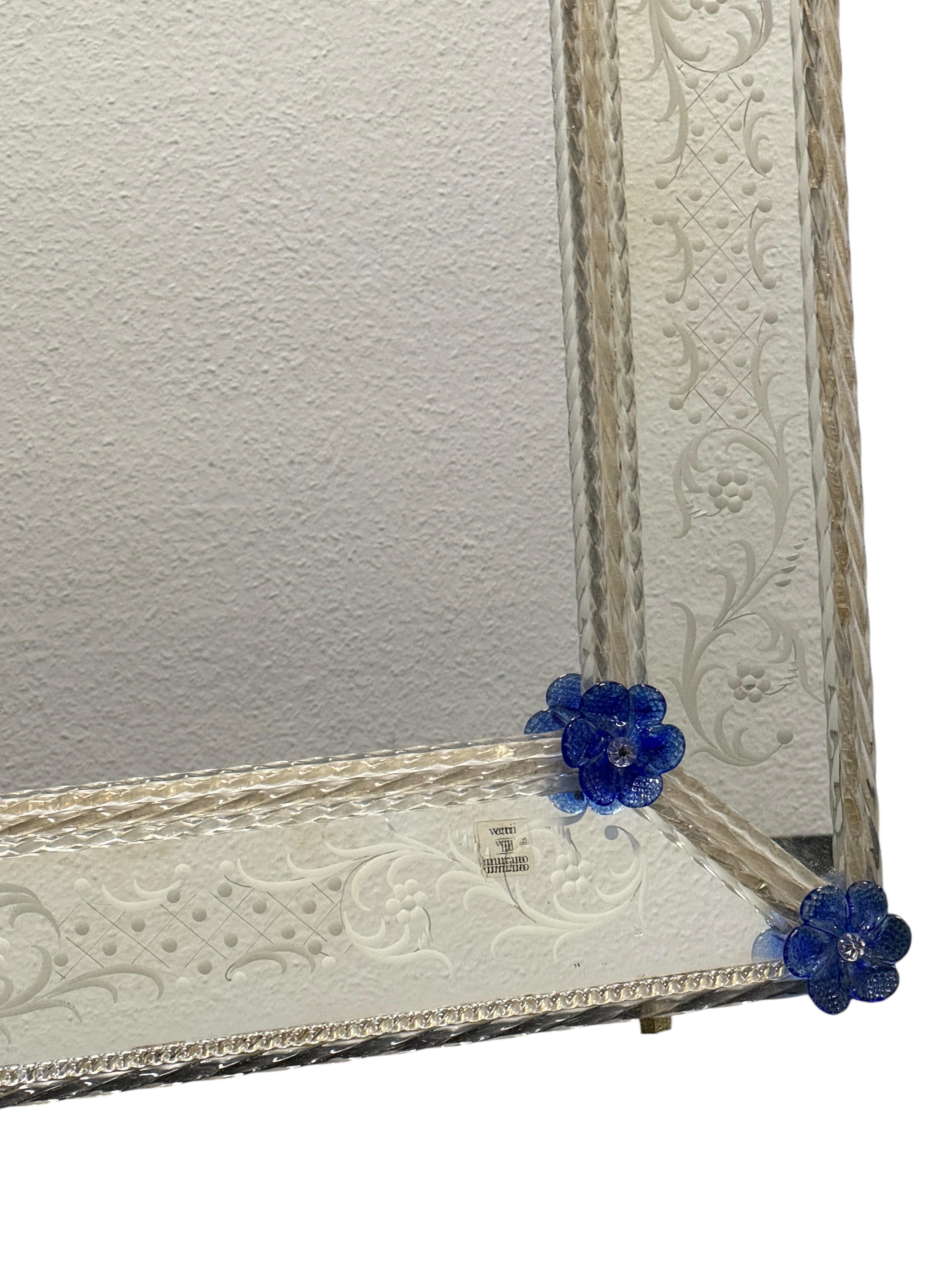 Hollywood Regency Beautiful Murano Glass Wall Mirror Clear Glass Azure Blue Flowers 1960s Italy For Sale