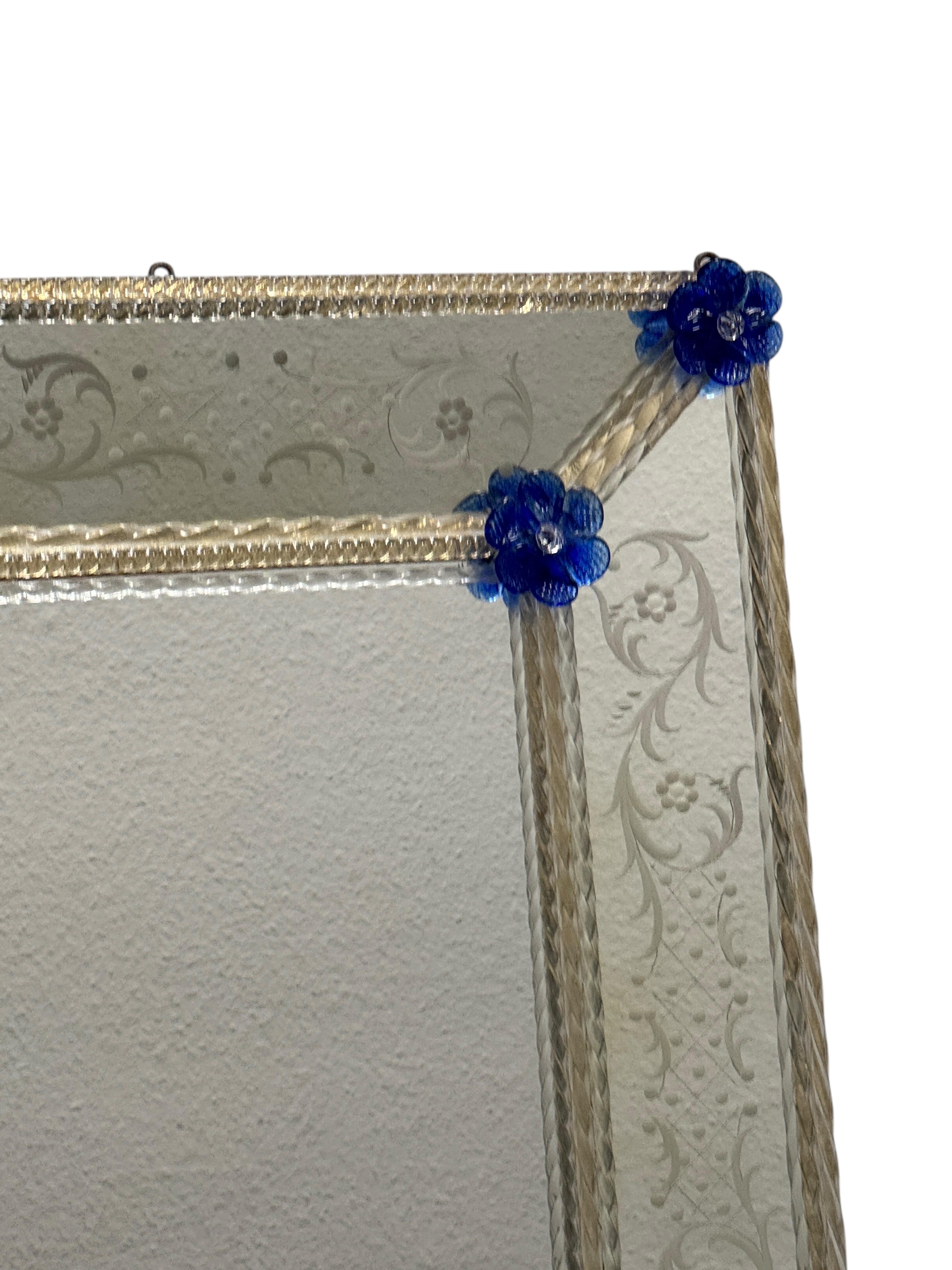 Italian Beautiful Murano Glass Wall Mirror Clear Glass Azure Blue Flowers 1960s Italy For Sale