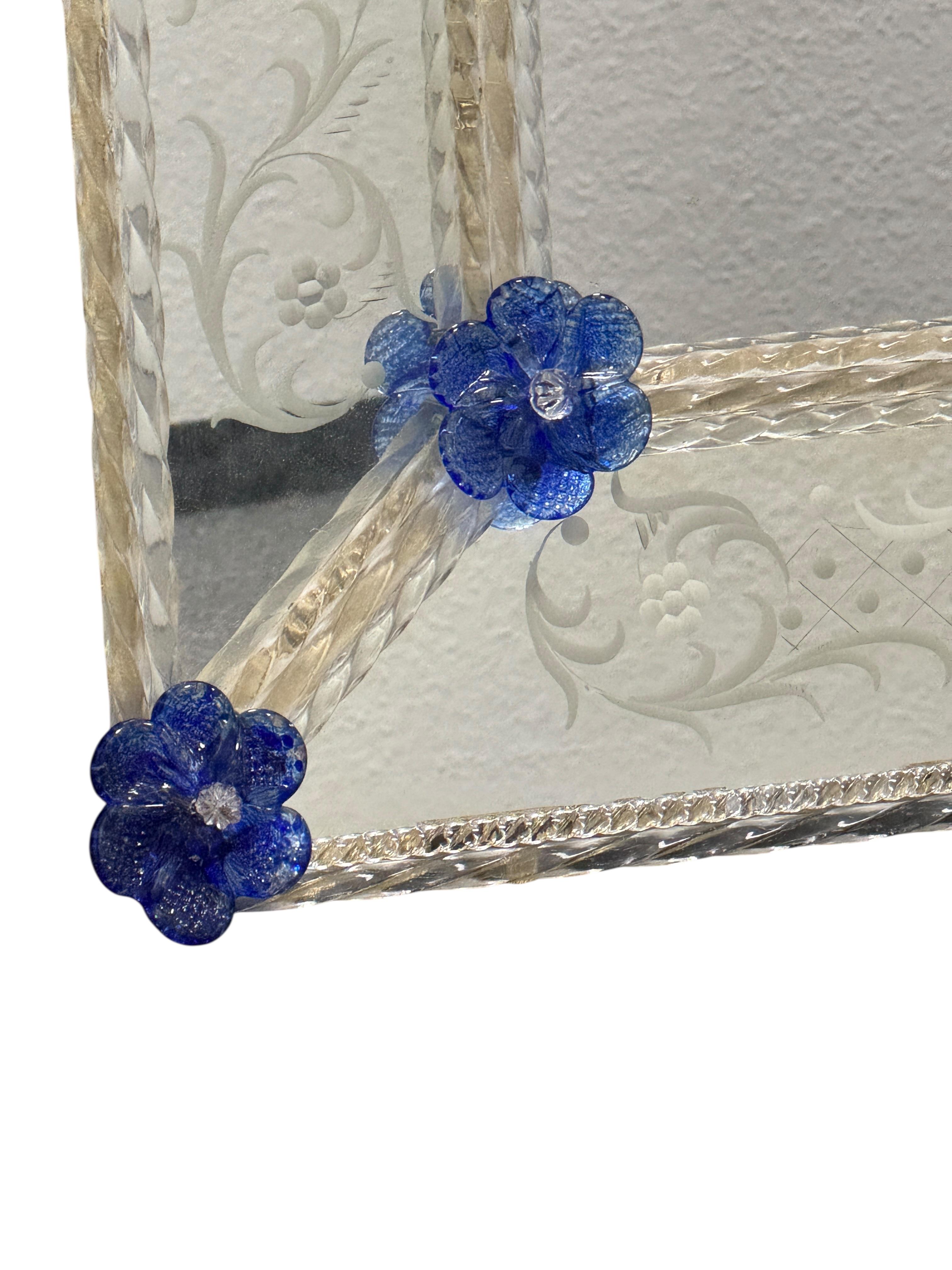 Mid-20th Century Beautiful Murano Glass Wall Mirror Clear Glass Azure Blue Flowers 1960s Italy For Sale