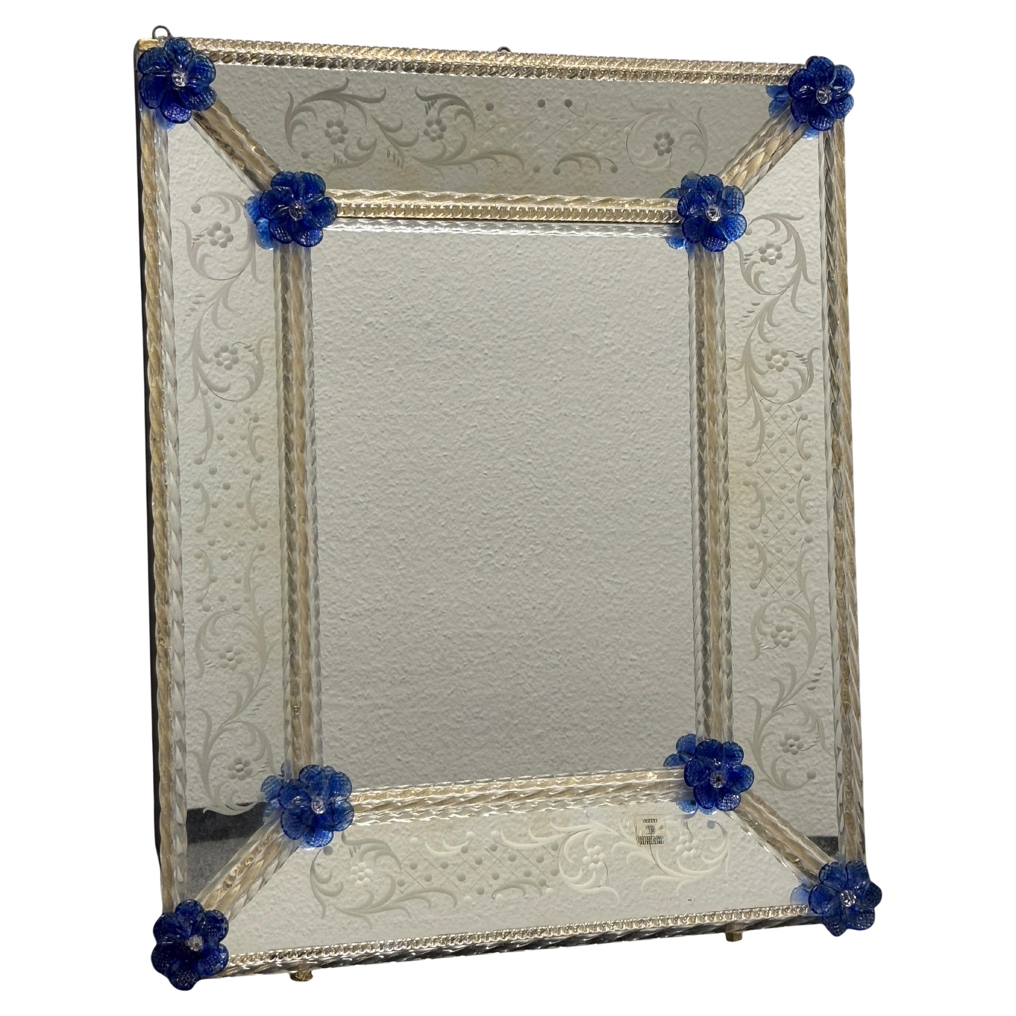 Precioso Espejo de Pared de Cristal de Murano Cristal Transparente Azul Azur Flores Años 60 Italia