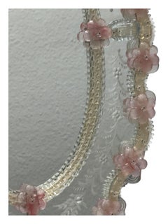 Beautiful Murano Glass Wall Mirror Clear Glass Leaf & Pink Flowers 1960s Italy
