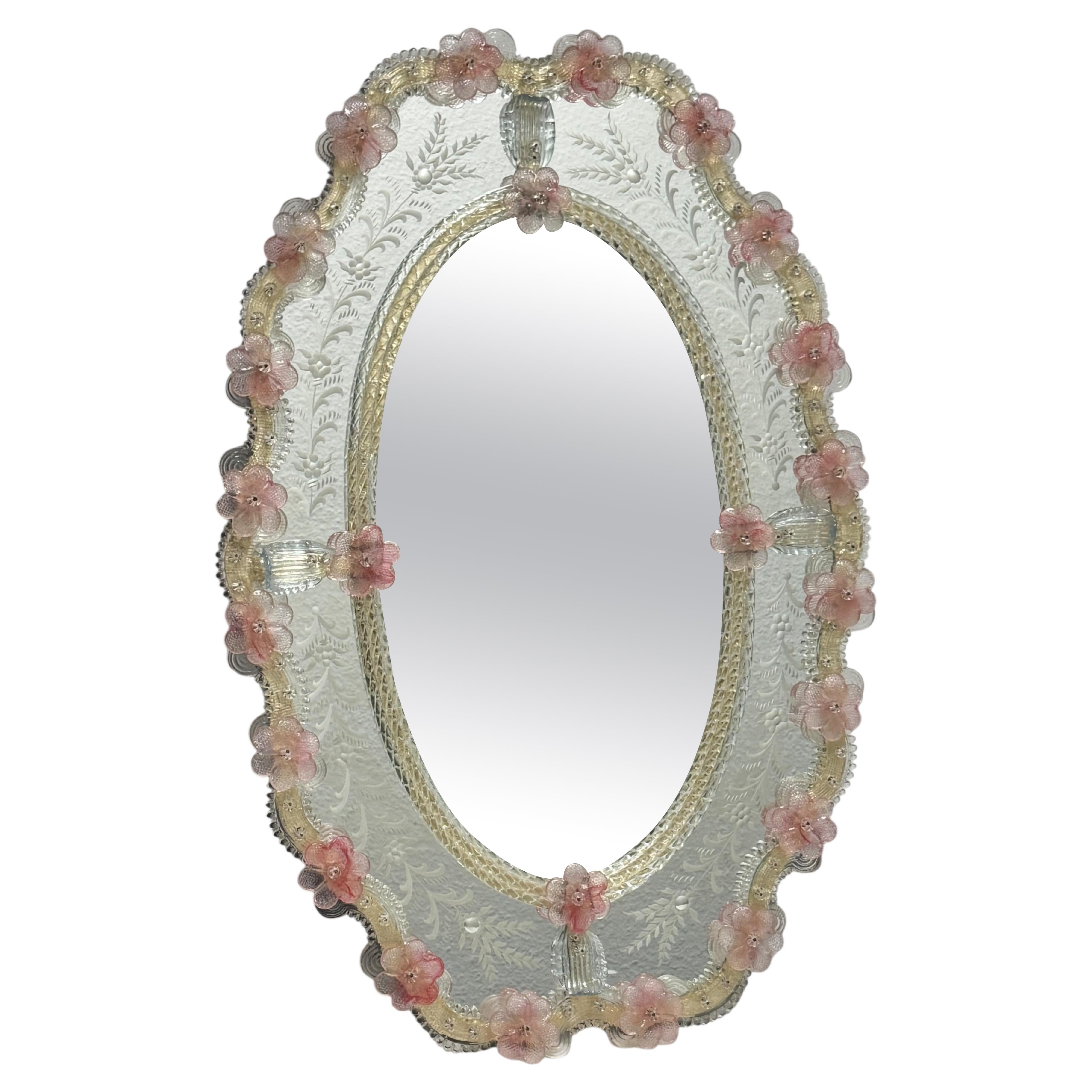 Beautiful Murano Glass Wall Mirror Clear Glass Leaf & Pink Flowers 1960s Italy