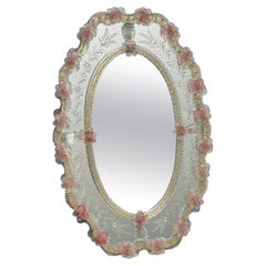 Beautiful Murano Glass Wall Mirror Clear Glass Leaf & Pink Flowers 1960s Italy