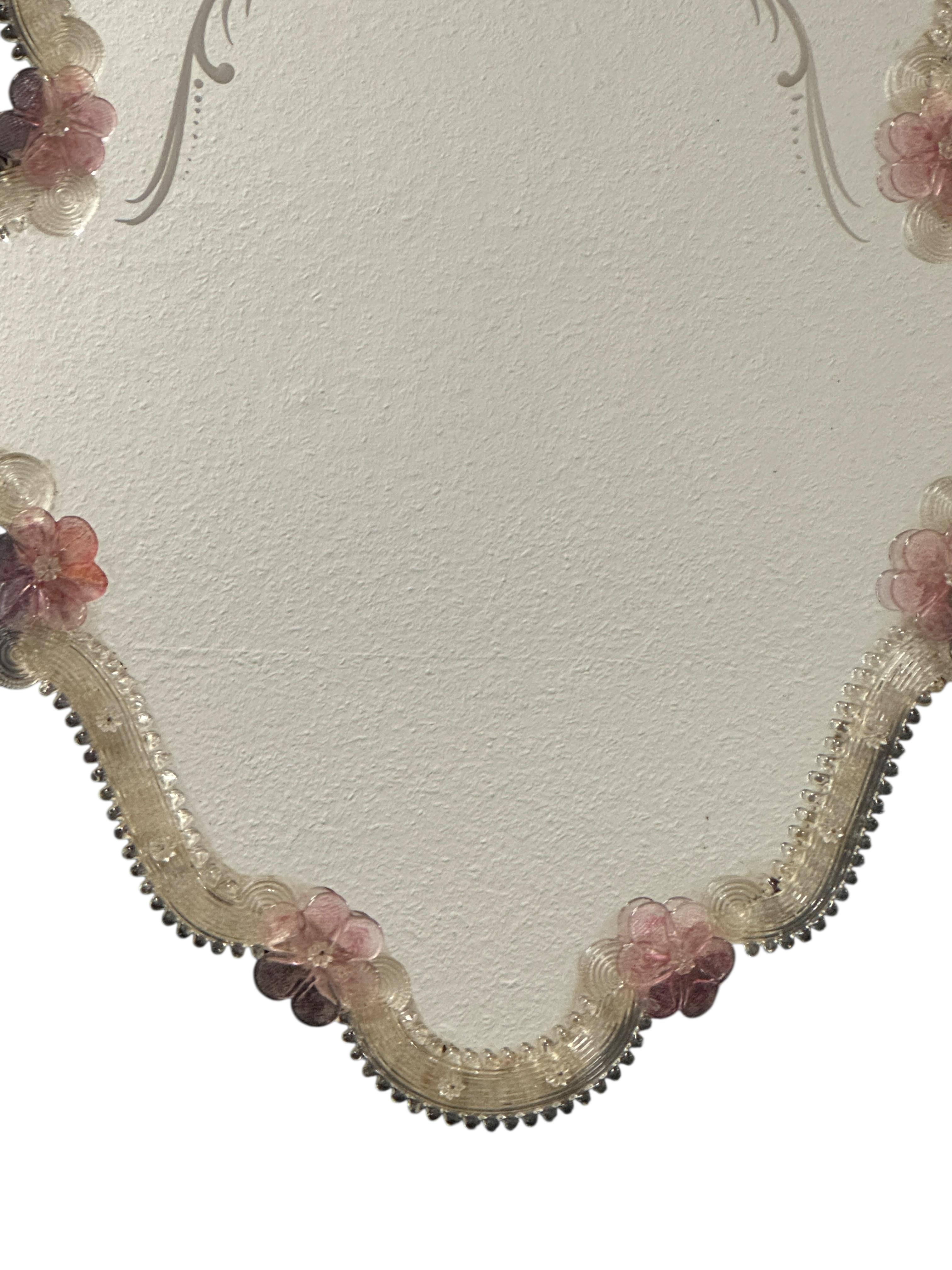 italien Beautiful Murano Glass Wall Mirror Pink Flowers and Clear Glass, Italy 1960s en vente