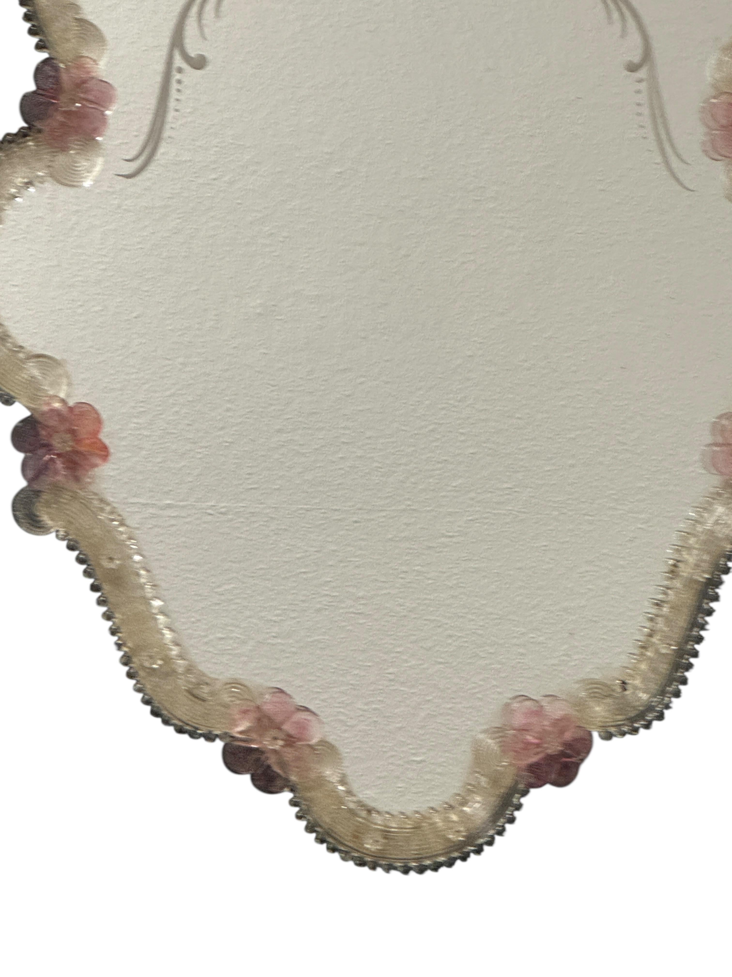 Fait main Beautiful Murano Glass Wall Mirror Pink Flowers and Clear Glass, Italy 1960s en vente