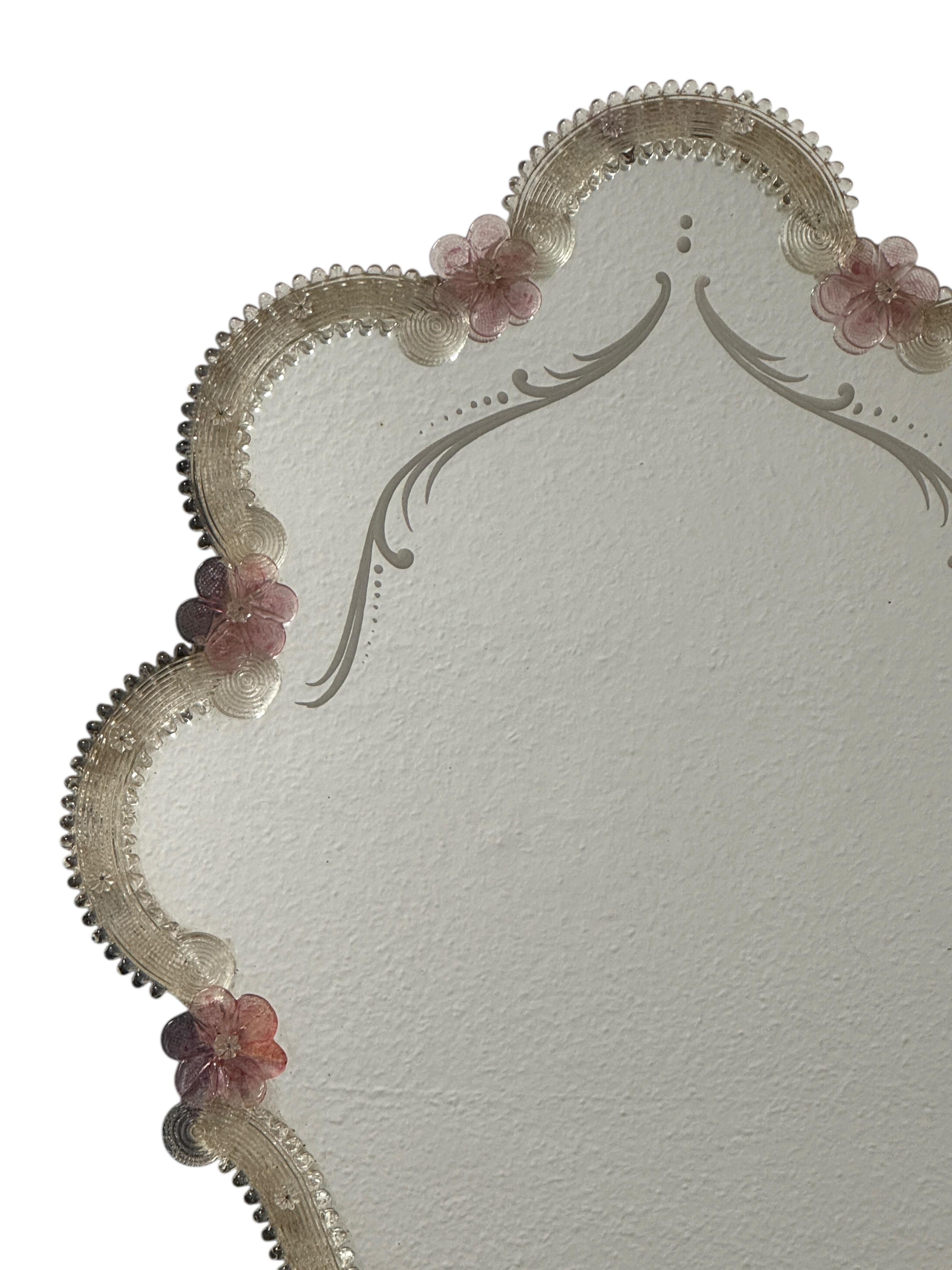 Miroir Beautiful Murano Glass Wall Mirror Pink Flowers and Clear Glass, Italy 1960s en vente