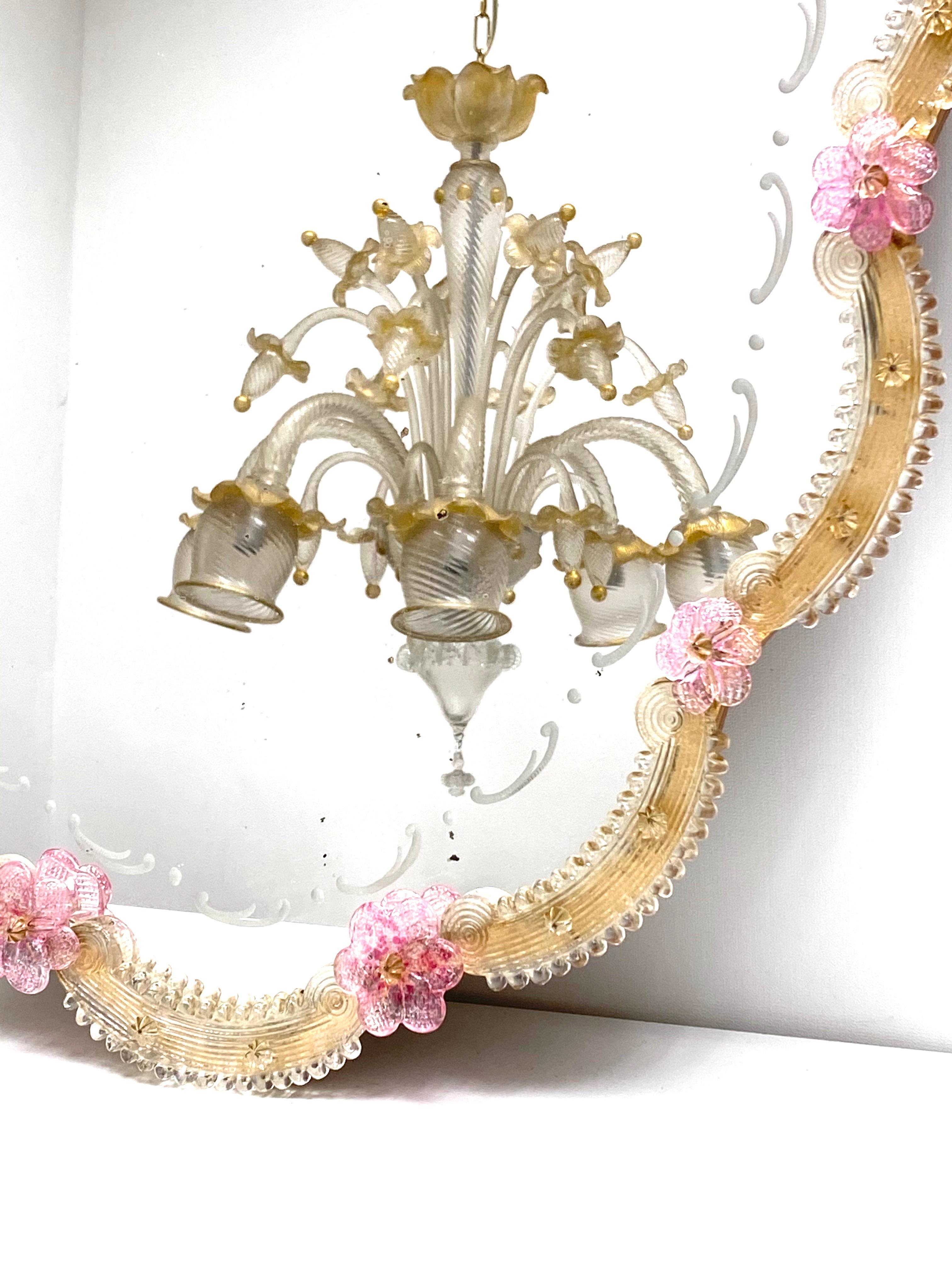 Beautiful Murano Glass Wall Mirror Pink Flowers and Gold Flakes Glass, Italy 3