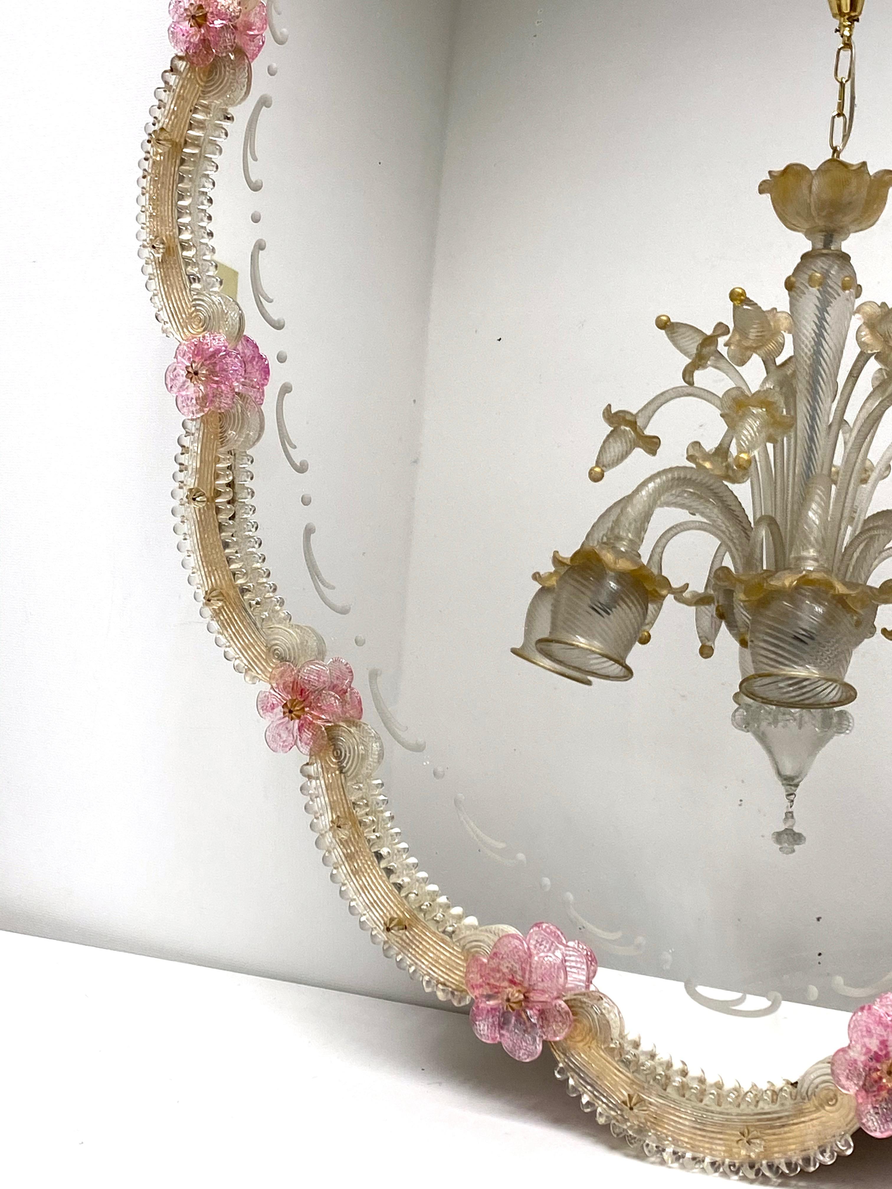 Beautiful Murano Glass Wall Mirror Pink Flowers and Gold Flakes Glass, Italy 4