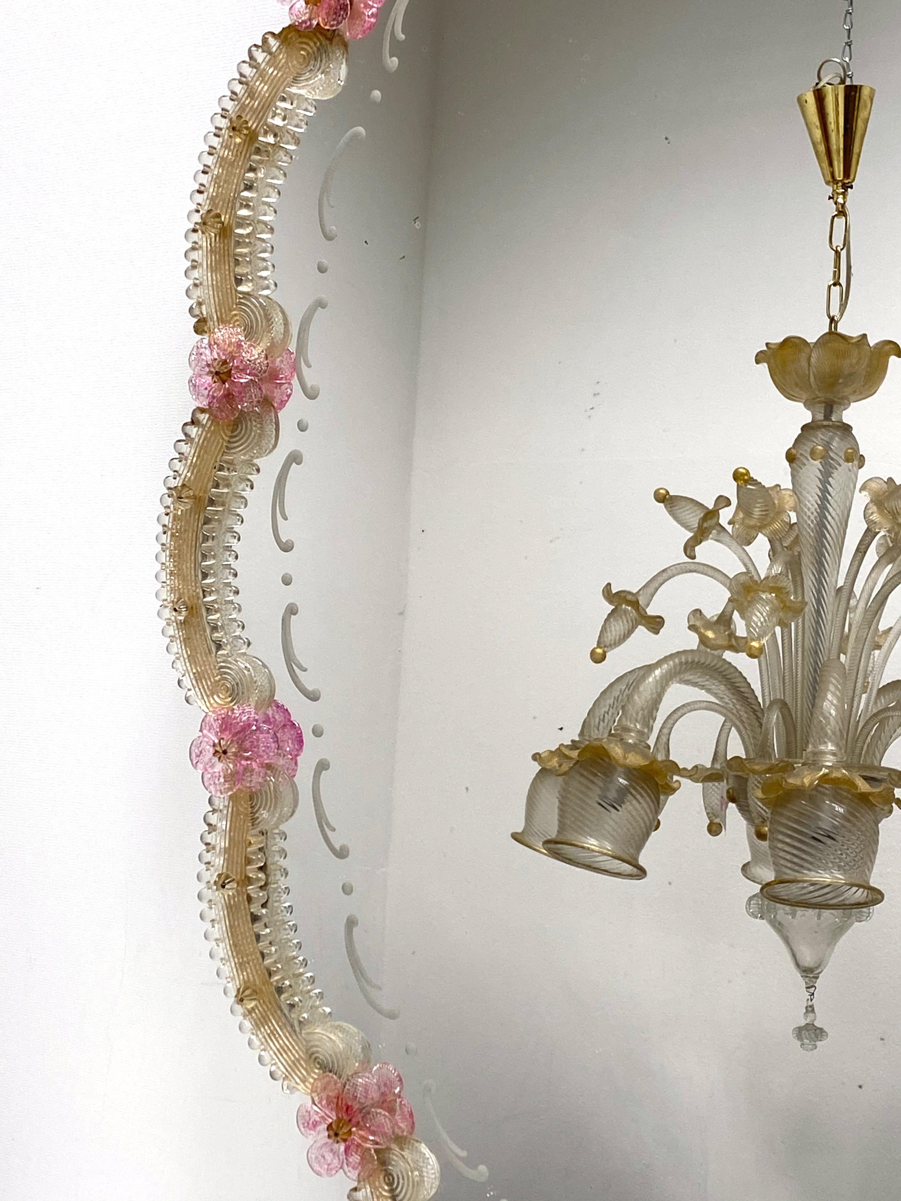 Beautiful Murano Glass Wall Mirror Pink Flowers and Gold Flakes Glass, Italy 5