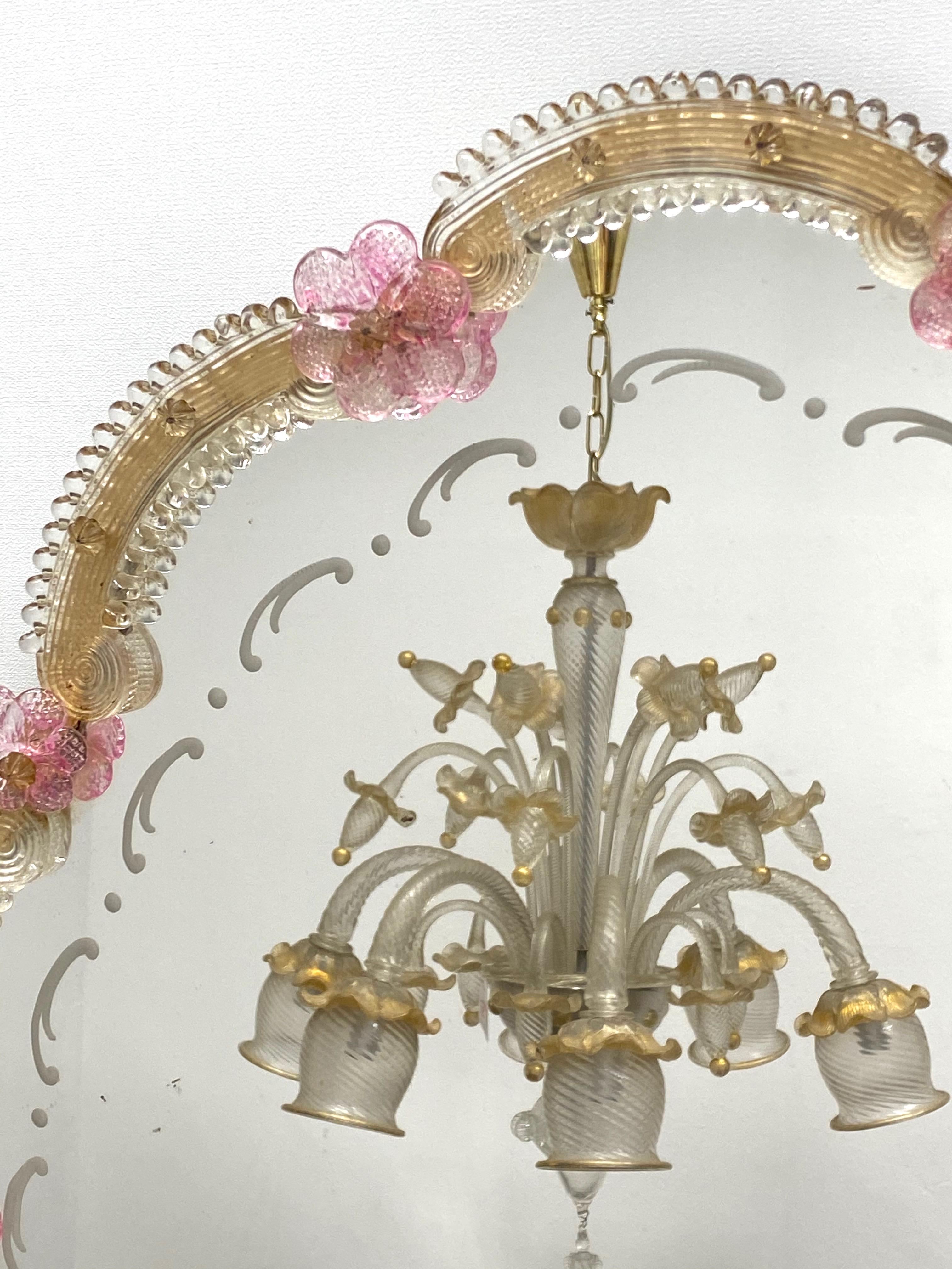Beautiful Murano Glass Wall Mirror Pink Flowers and Gold Flakes Glass, Italy 6