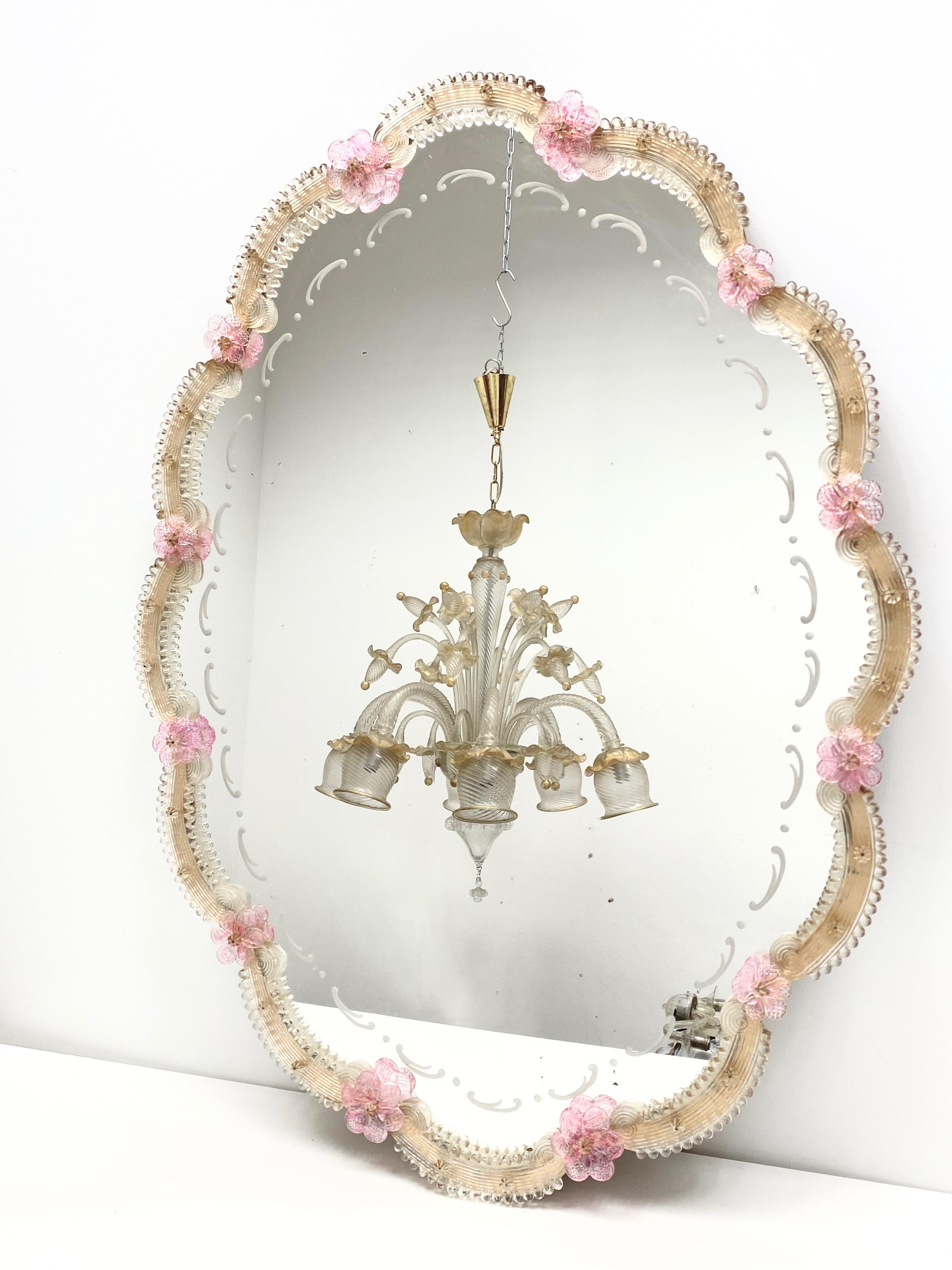 Hollywood Regency Beautiful Murano Glass Wall Mirror Pink Flowers and Gold Flakes Glass, Italy