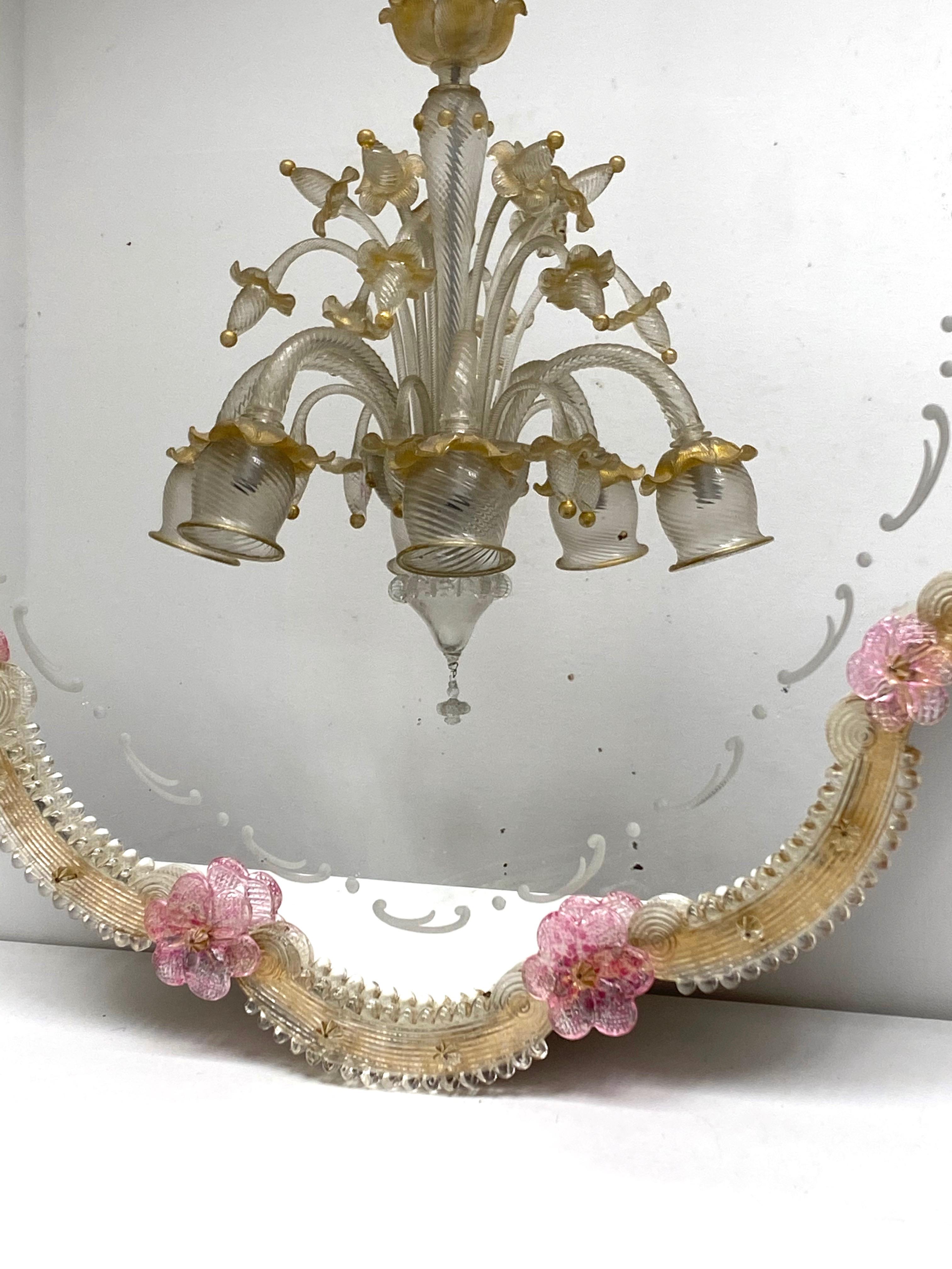 Italian Beautiful Murano Glass Wall Mirror Pink Flowers and Gold Flakes Glass, Italy