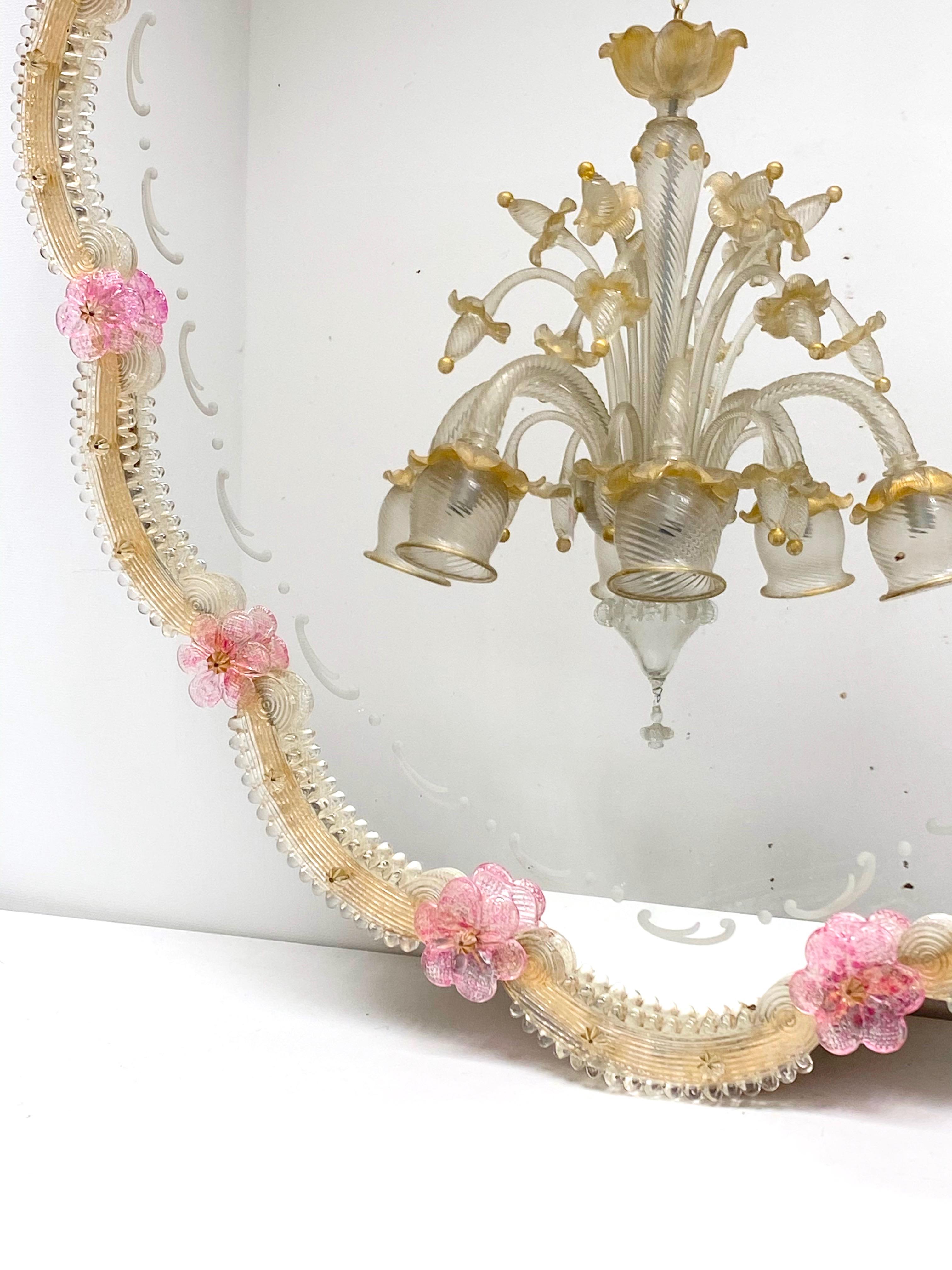 Hand-Crafted Beautiful Murano Glass Wall Mirror Pink Flowers and Gold Flakes Glass, Italy