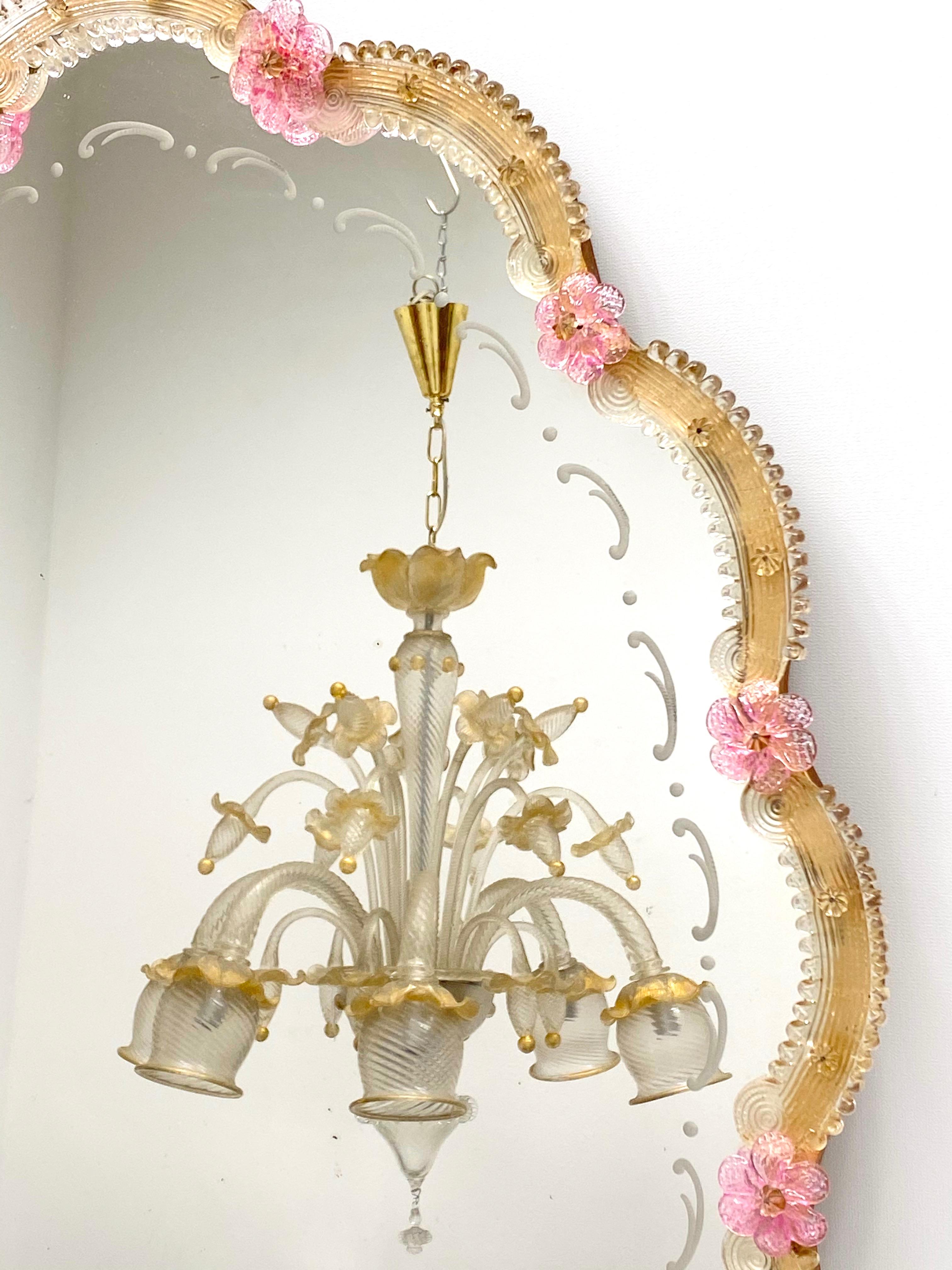 Beautiful Murano Glass Wall Mirror Pink Flowers and Gold Flakes Glass, Italy 1