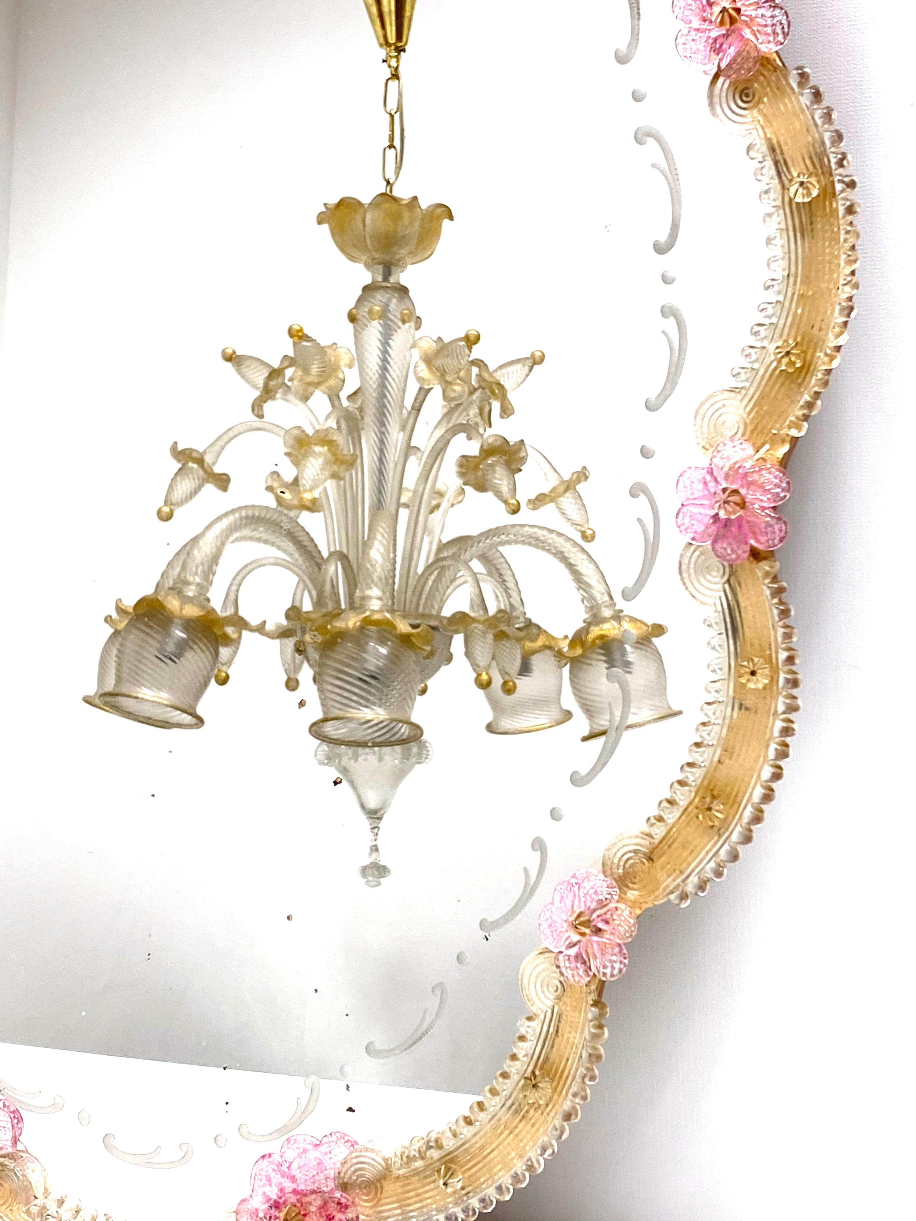 Beautiful Murano Glass Wall Mirror Pink Flowers and Gold Flakes Glass, Italy 2