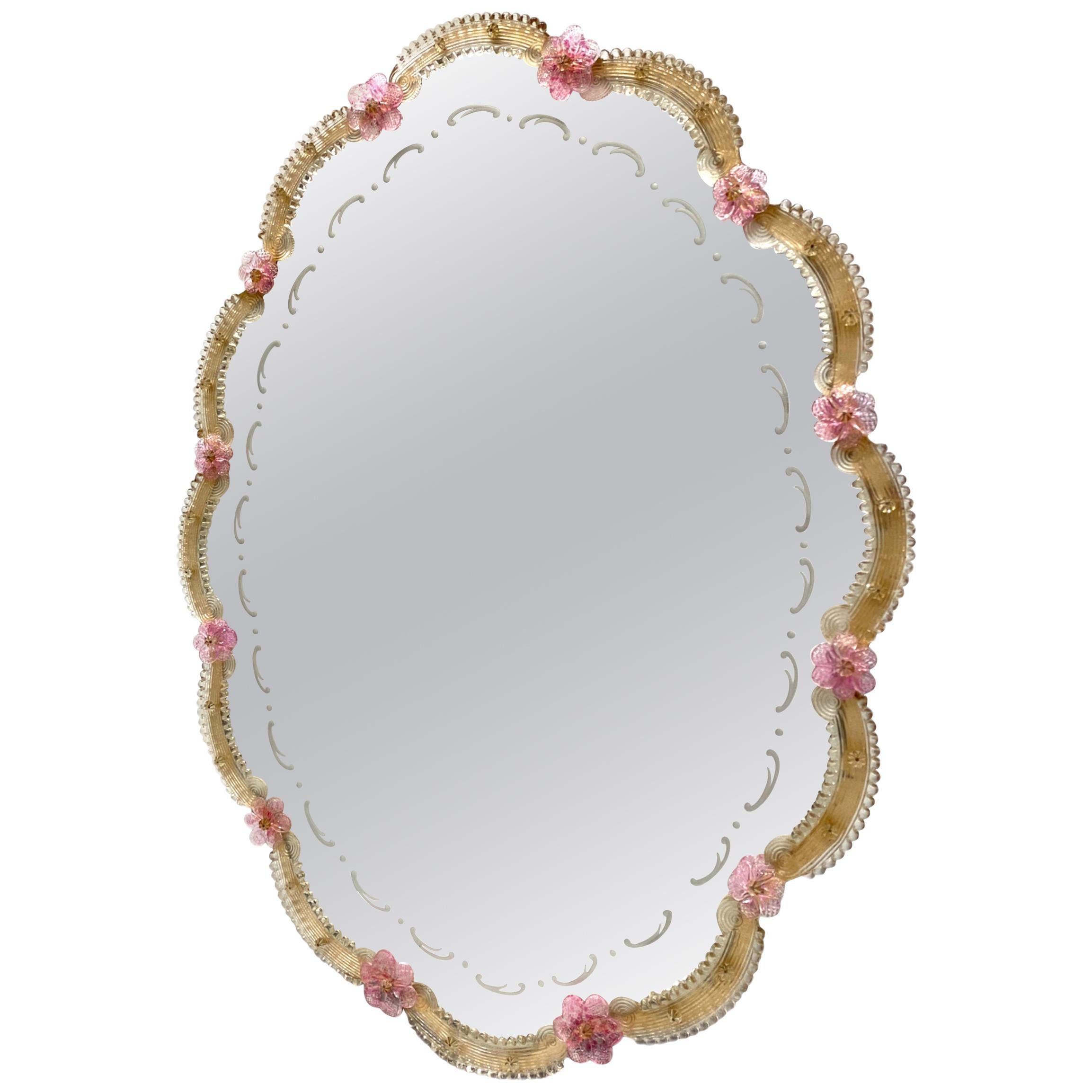 Beautiful Murano Glass Wall Mirror Pink Flowers and Gold Flakes Glass, Italy