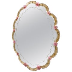 Beautiful Murano Glass Wall Mirror Pink Flowers and Gold Flakes Glass, Italy