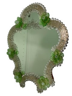 Beautiful Murano Glass Wall Mirror with lime green Flowers 1950s Italy Venice