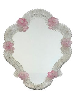 Beautiful Murano Glass Wall Mirror with pink Flowers 1950s, Italy Venice Venetia