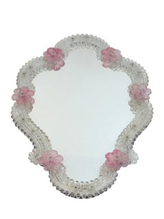 Precioso Espejo de Pared de Cristal de Murano con Flores rosas Años 50, Italia Venecia Venetia