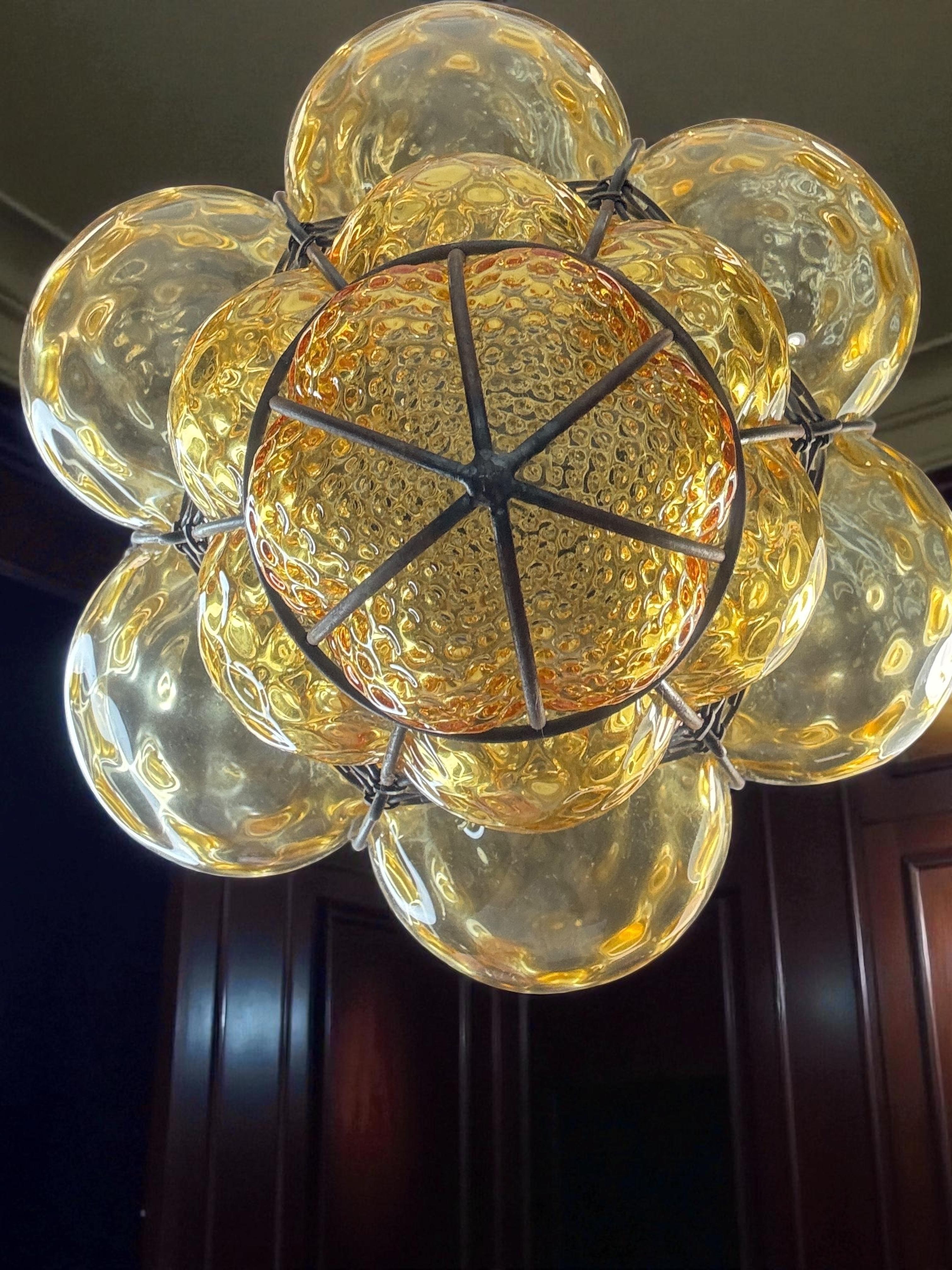 Vintage Murano Fer Caged Amber Bubble Glass Suspension Light 1960s Italy vintage en vente 6