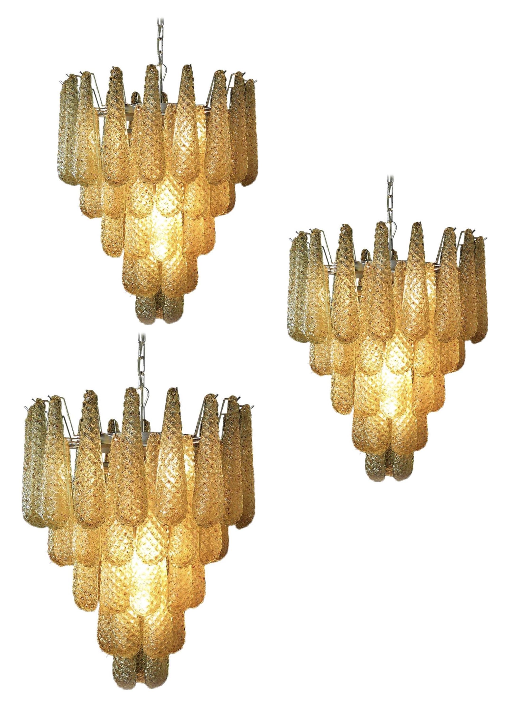 Metal Beautiful Murano Set of 4 Amber Drops Chandeliers For Sale