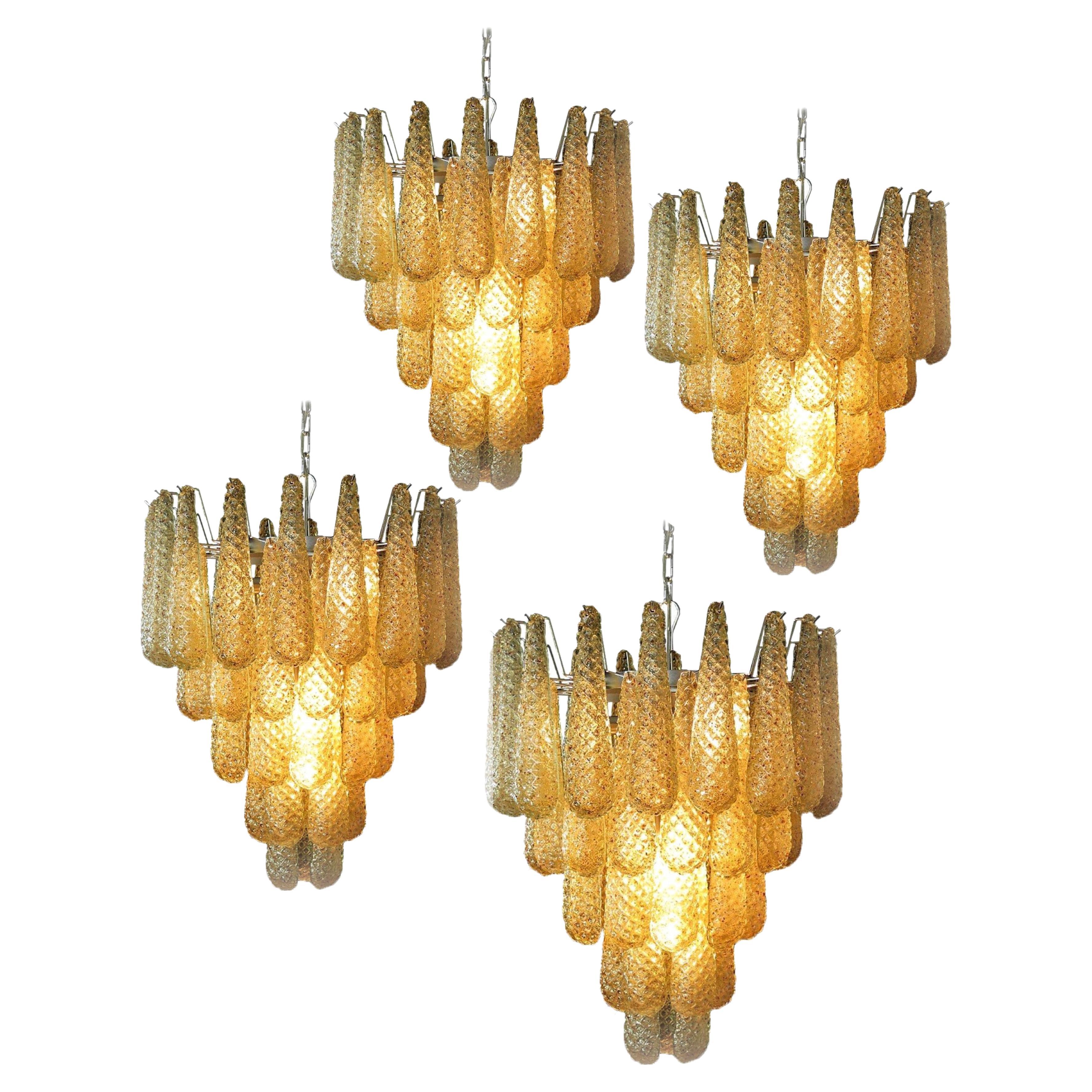 Beautiful Murano Set of 4 Amber Drops Chandeliers For Sale