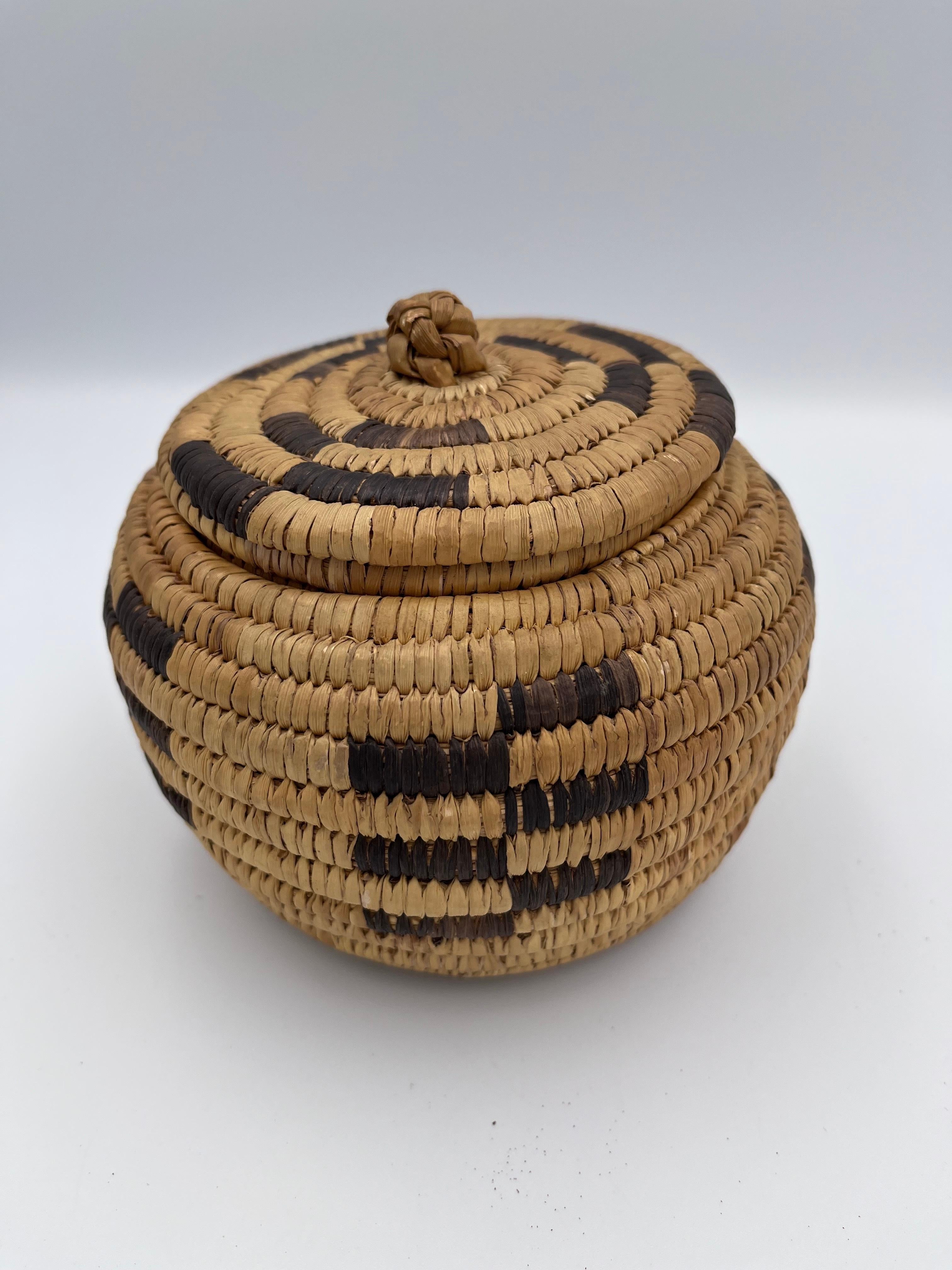 Beautiful Native American Geometric Papago Hand Woven Lidded Basket in vendita 2