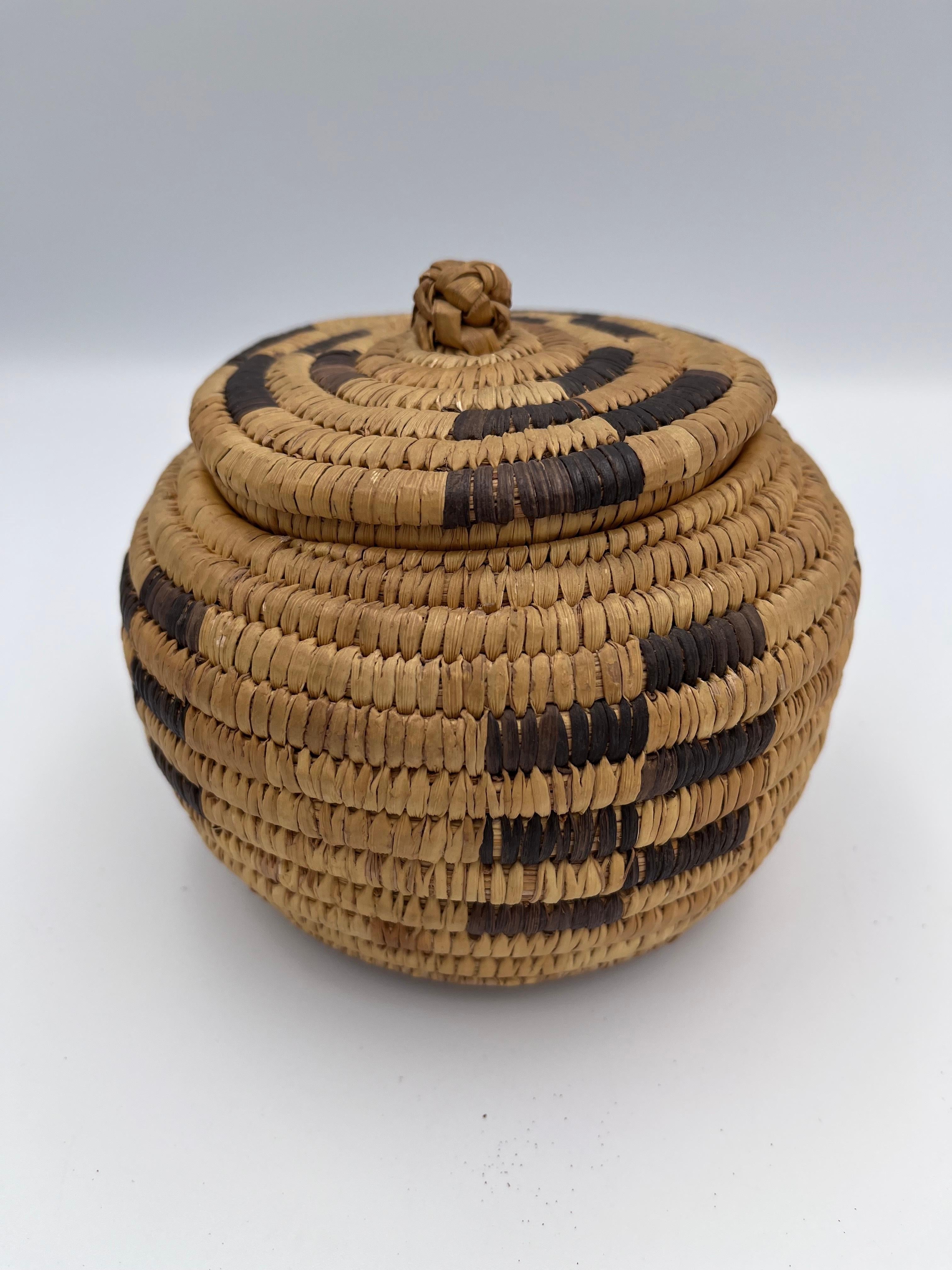 Beautiful Native American Geometric Papago Hand Woven Lidded Basket in vendita 3